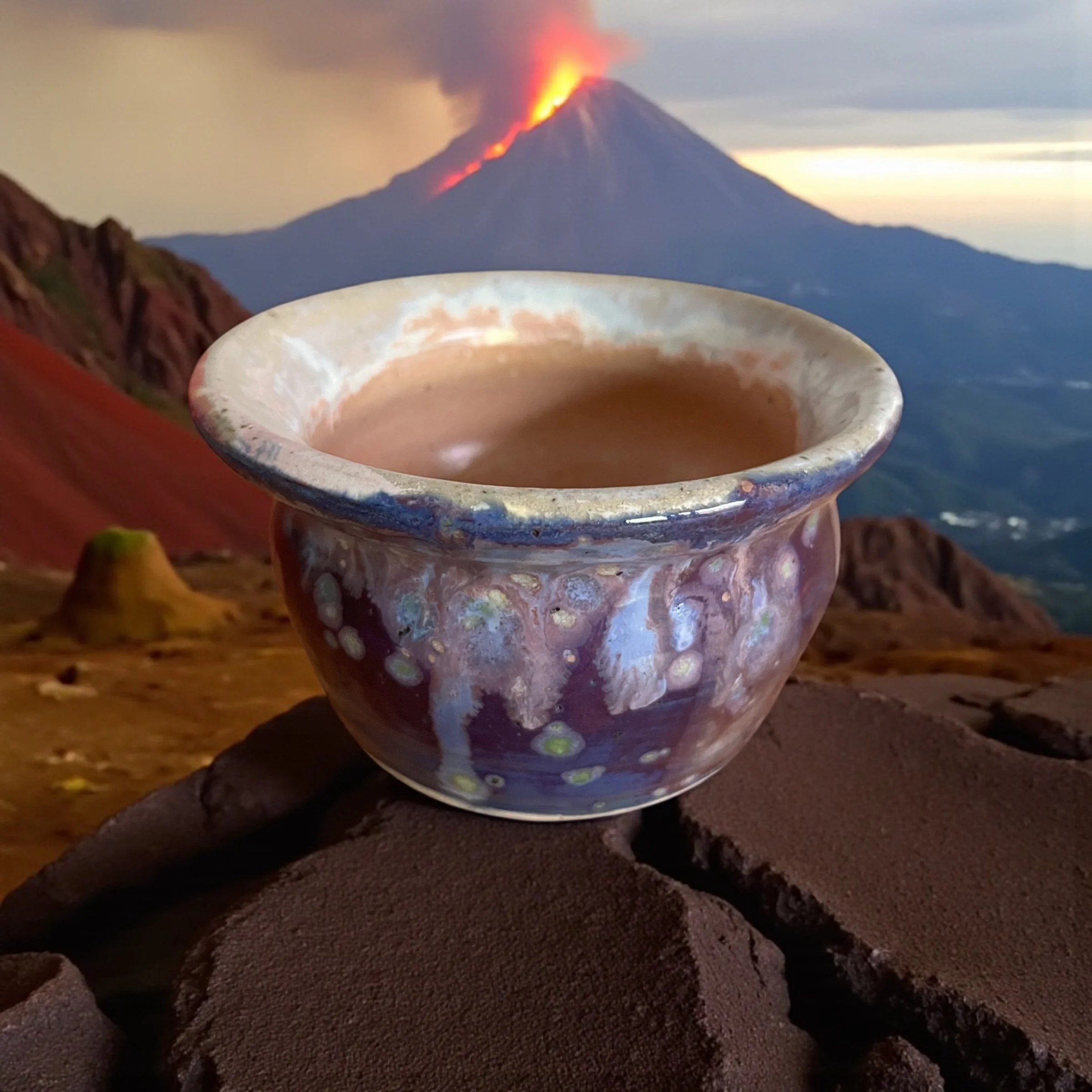 A small, ceramic cup filled with a hot beverage on a rocky surface, with Mount Fuji erupting in the background with flowing lava and smoke