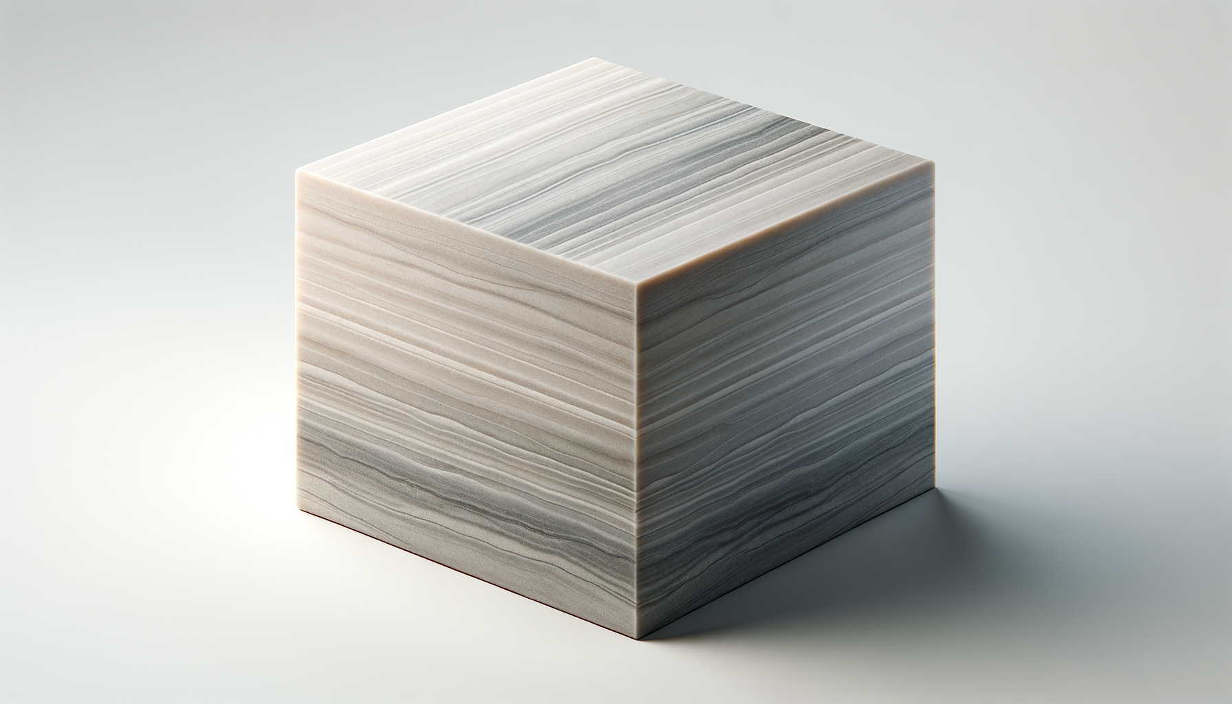 A marble cube with gray and white streaks on a plain light background.