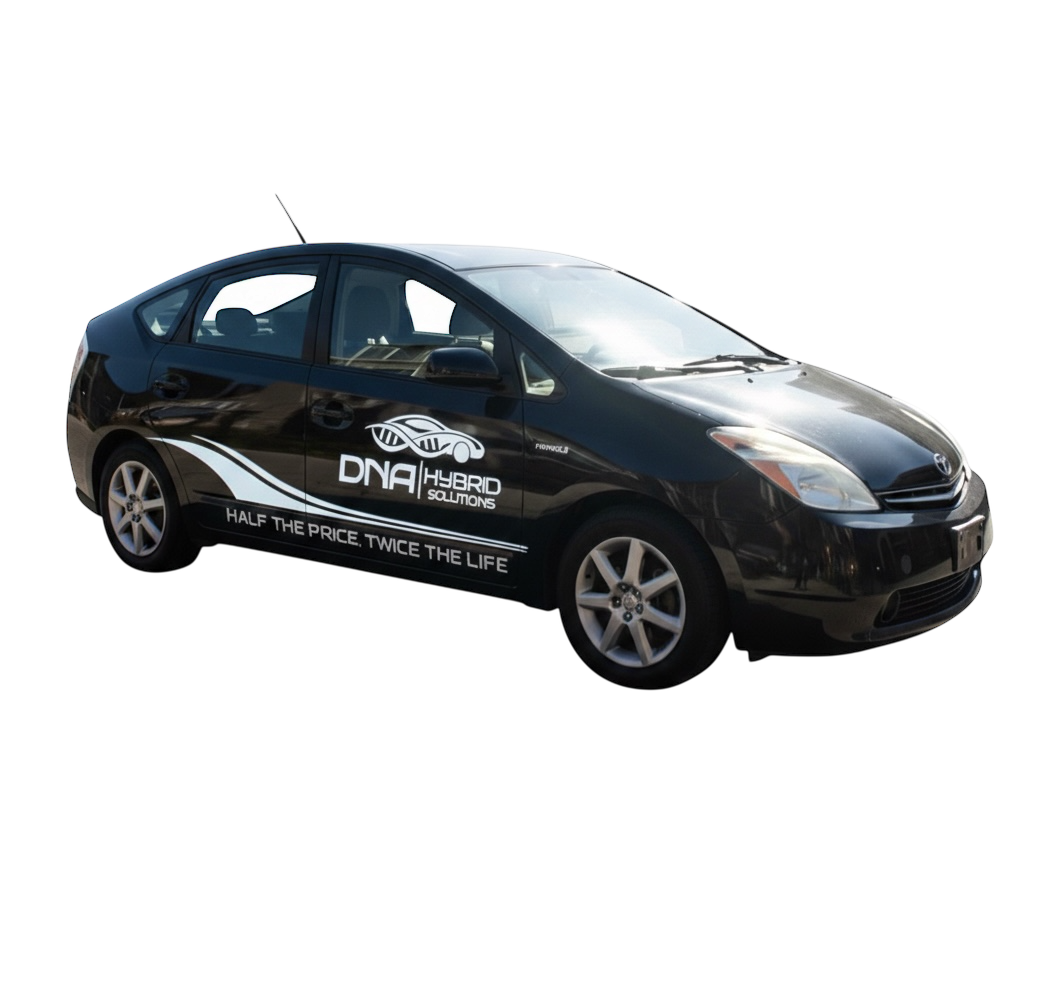 A black Toyota Prius hybrid car with advertising decals on the side, including a DNA helicase graphic, the words 'DNA Hybrid Solutions,' and the slogan 'Half the price, twice the life'.