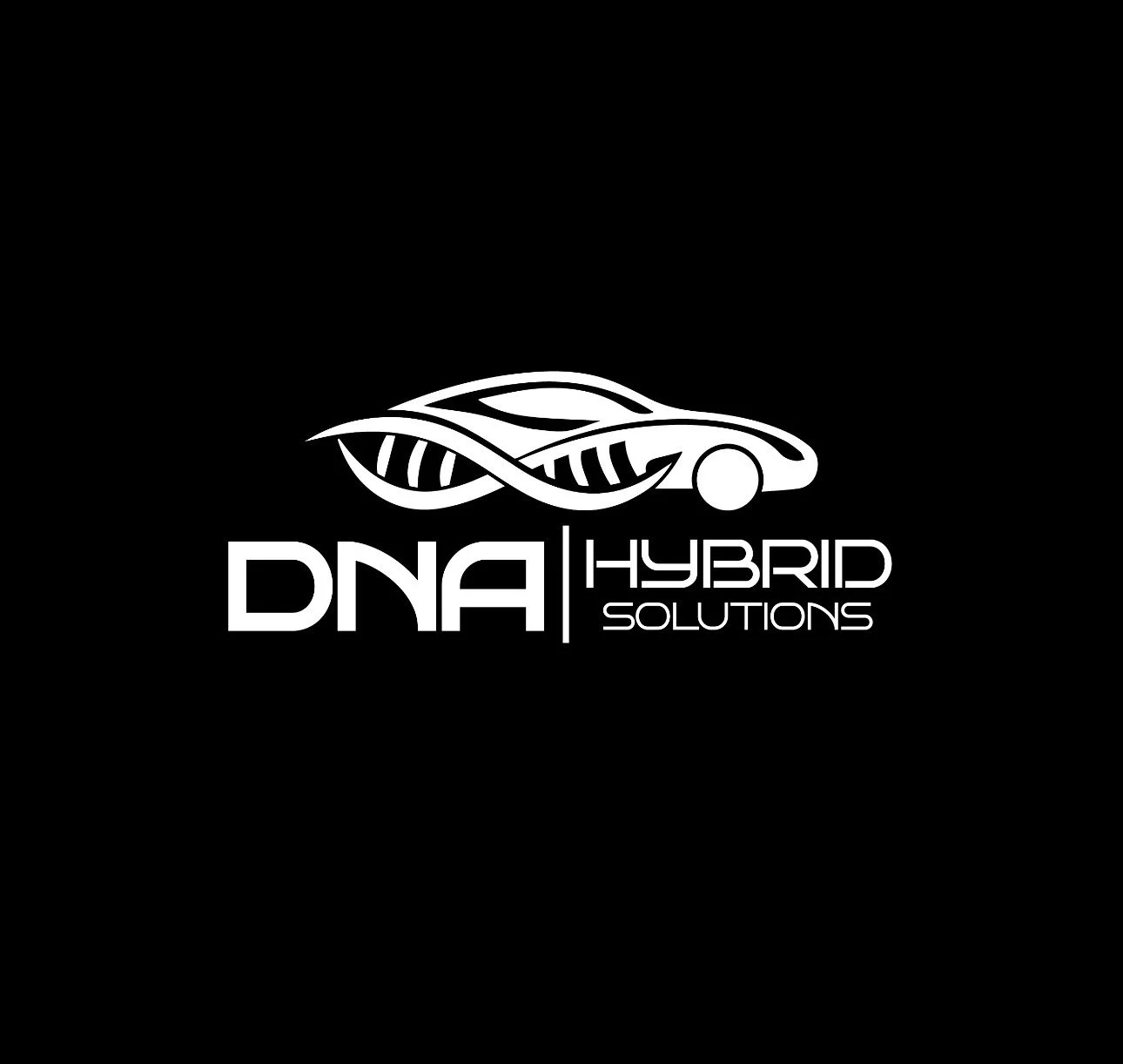 Logo for DNA Hybrid Solutions featuring a stylized car with a DNA strand integrated into the design, on a black background.