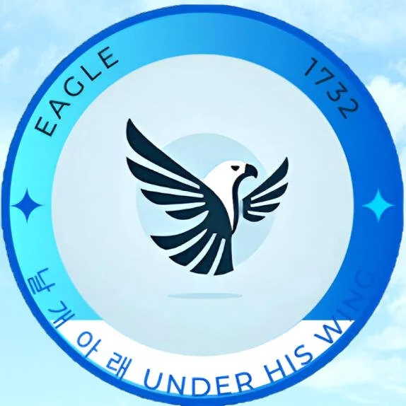 A circular emblem with an eagle design at the center, with the words 'EAGLE' and '1732' on the top, and 'WE THE PEOPLE UNDER HIS WING' on the bottom. The emblem has a blue gradient border with decorative stars on each side.