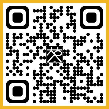 A QR code with a small black and white logo in the center, on a yellow background.
