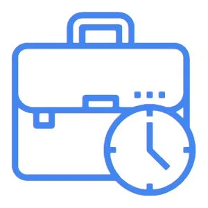 Blue outline of a briefcase with a clock overlay - operational excellence.