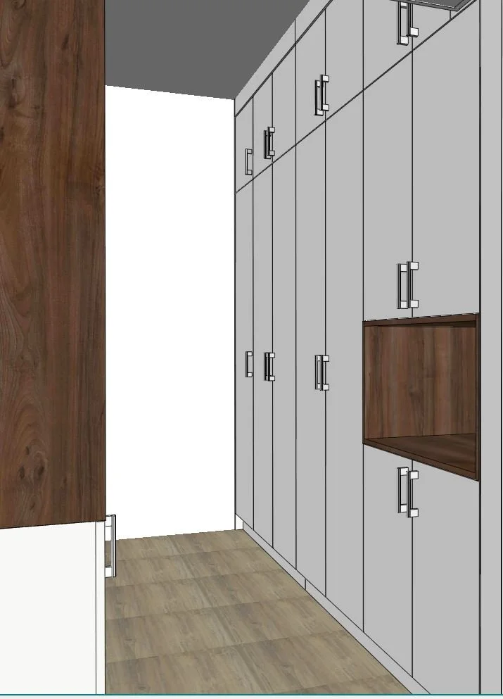 A digital rendering of a storage room with tall white lockers, some with silver handles, and a wooden shelf inside one locker. The room has a wooden floor and a wooden wall on the left, with a white wall on the back and right side.
