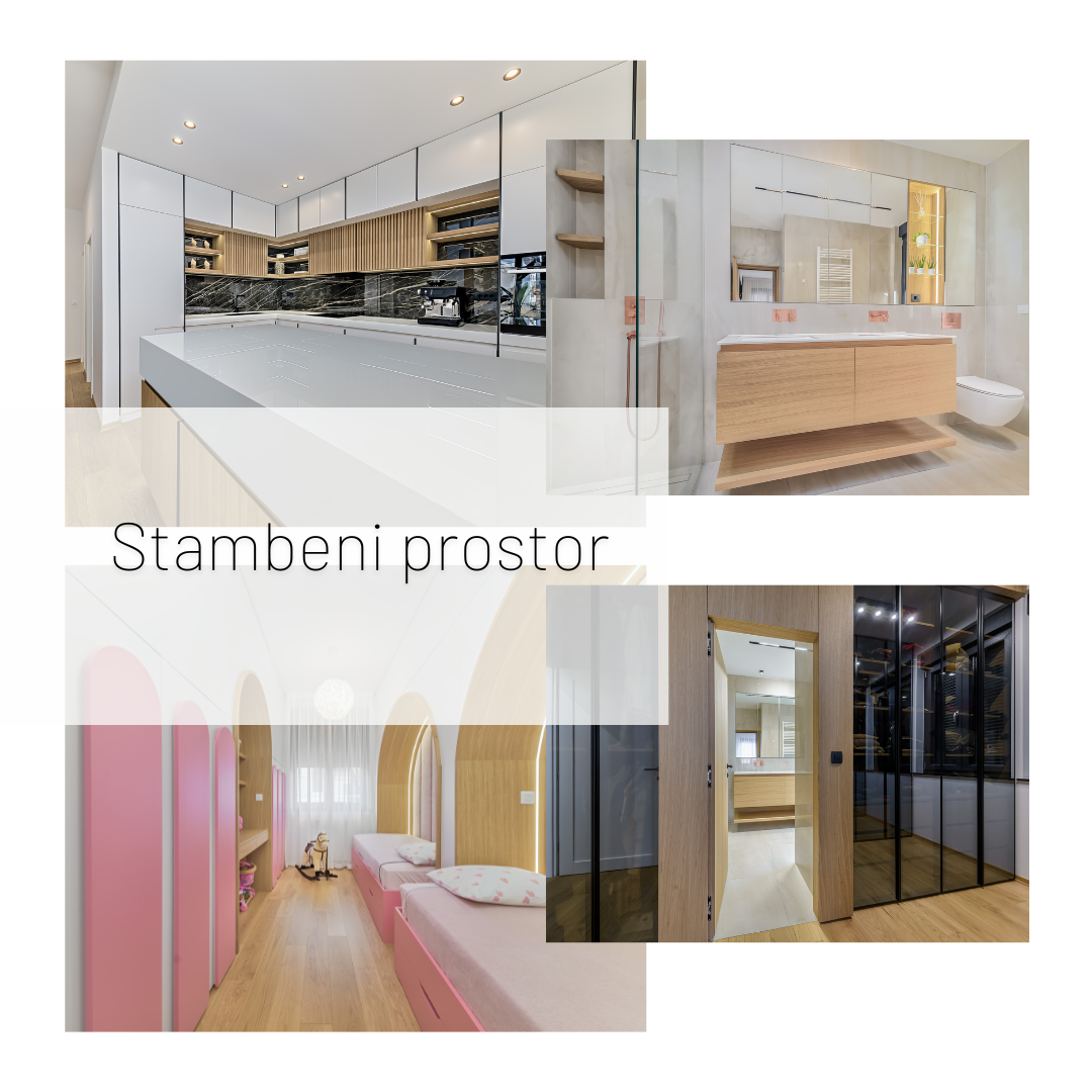 Collage of four modern interior spaces: a kitchen with white cabinets and black marble backsplash; a bathroom with a wooden vanity and shelves; a child's bedroom with pink furniture and pink accents; and a hallway with glass doors and wooden accents.