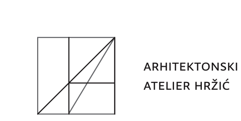 A geometric line drawing with intersecting straight lines and rectangles, alongside text reading 'ARHITEKTONSKI ATELJER HRŽIĆ'.