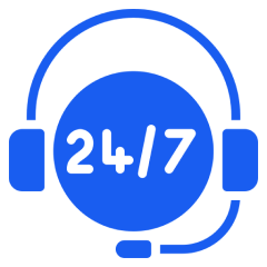 Blue customer service headset with 24/7 support icon