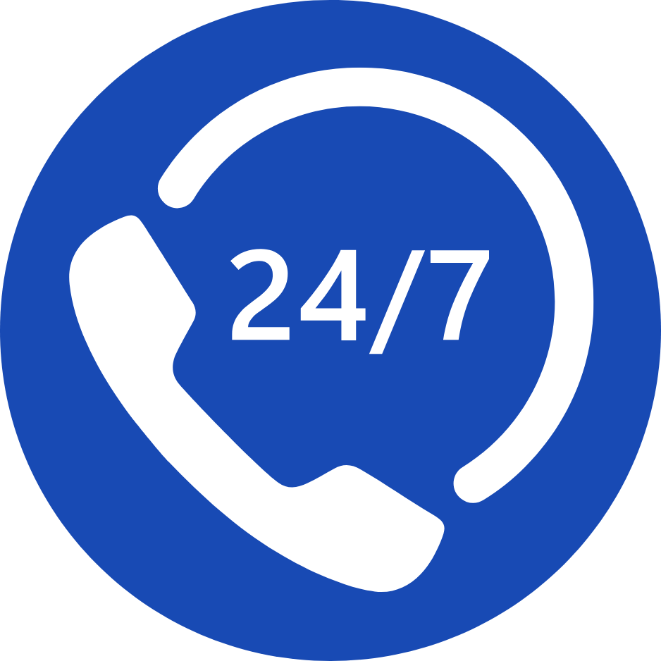 Blue circular indicating 24/7 customer support with a white telephone icon in the center.