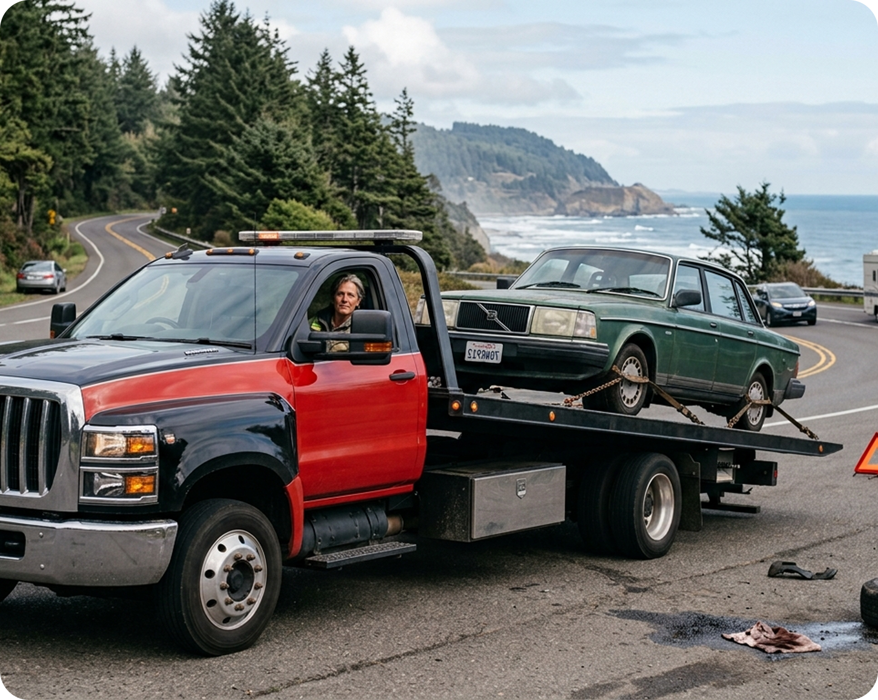 A tow truck transporting a green vintage Volvo car on a highway near the coast, with trees and ocean in the background.