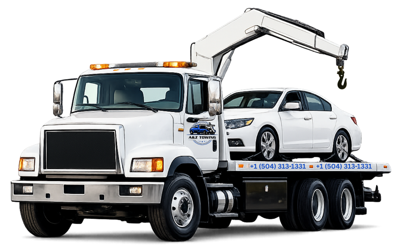 White flatbed tow truck with a crane lifting a white sedan