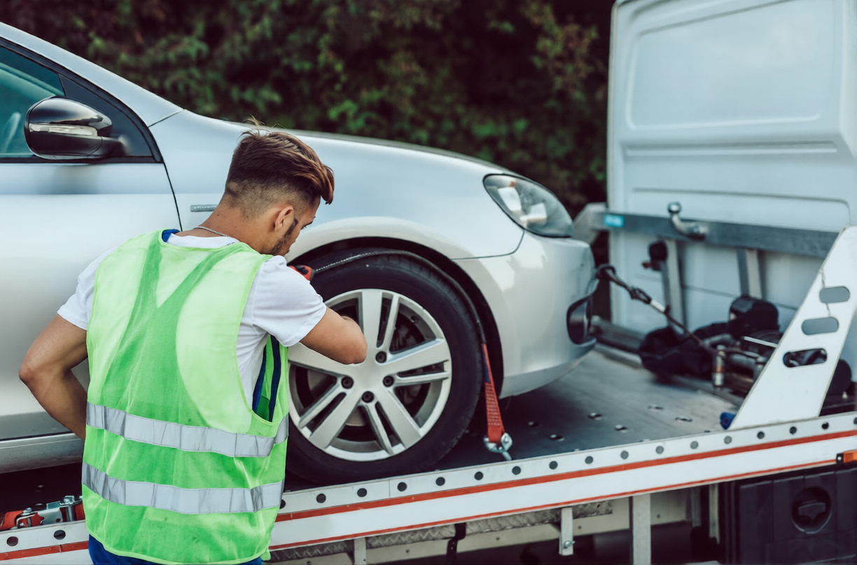 A man in a neon safety vest inspecting a silver car on a tow truck.