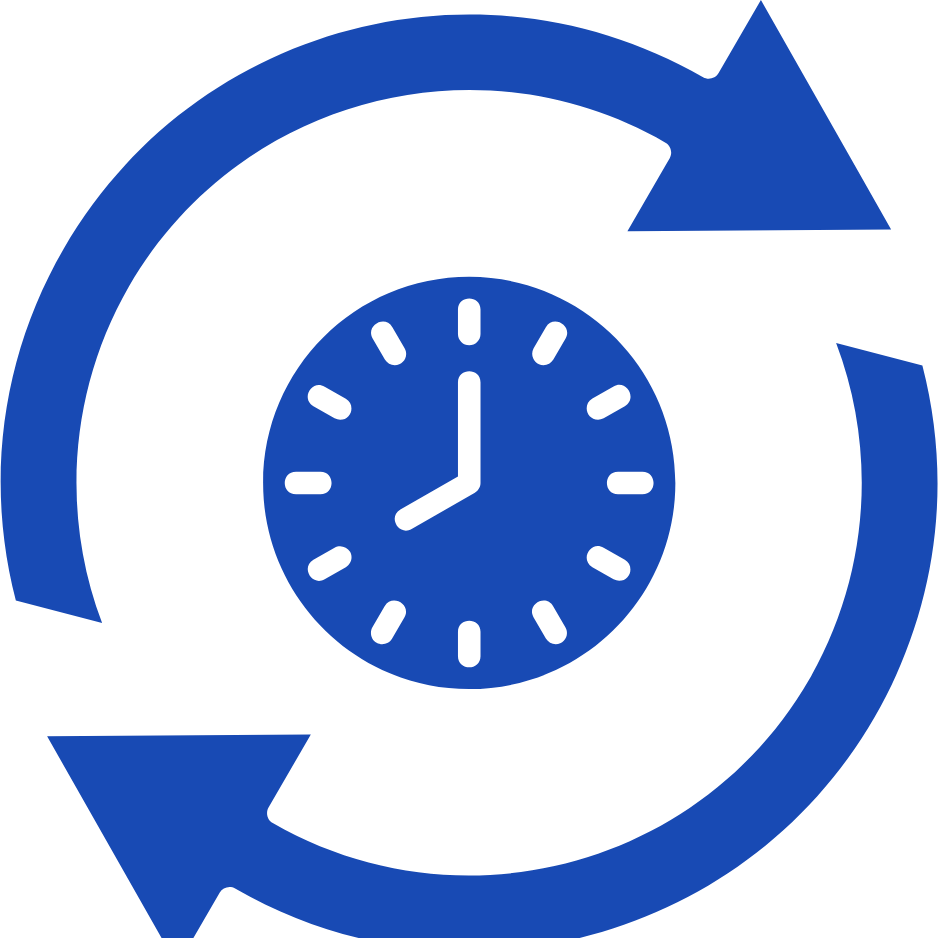 Blue clock with hour and minute hands, surrounded by two looping arrows indicating a refresh or update.