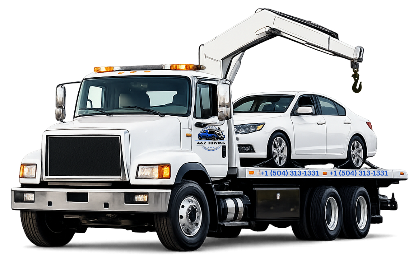 White tow truck with a car on its flatbed, towing a vehicle, displaying a logo and contact information.