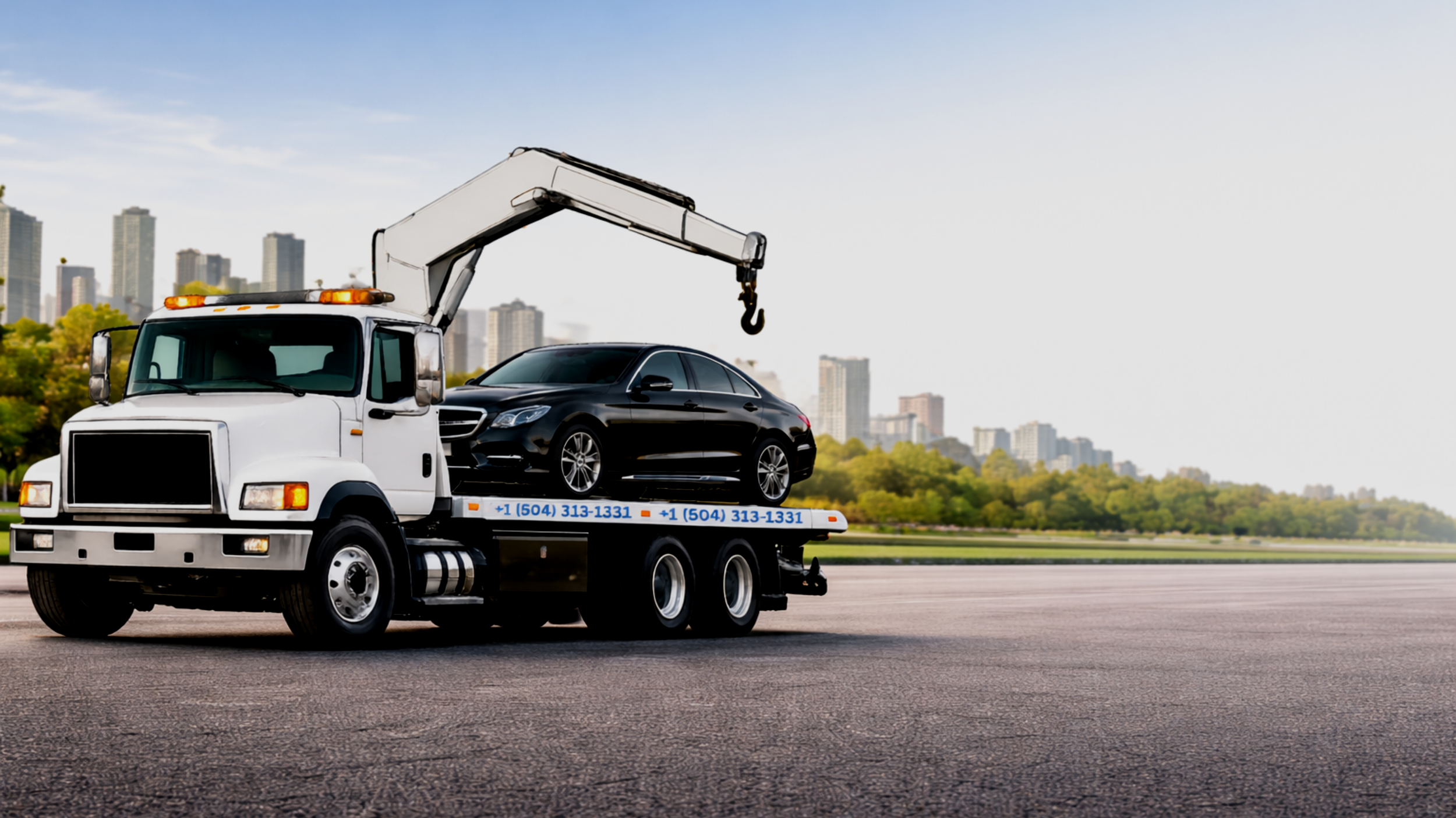 A tow truck with a crane lifting a black luxury car on a flatbed, set against a city skyline and green trees in the background.