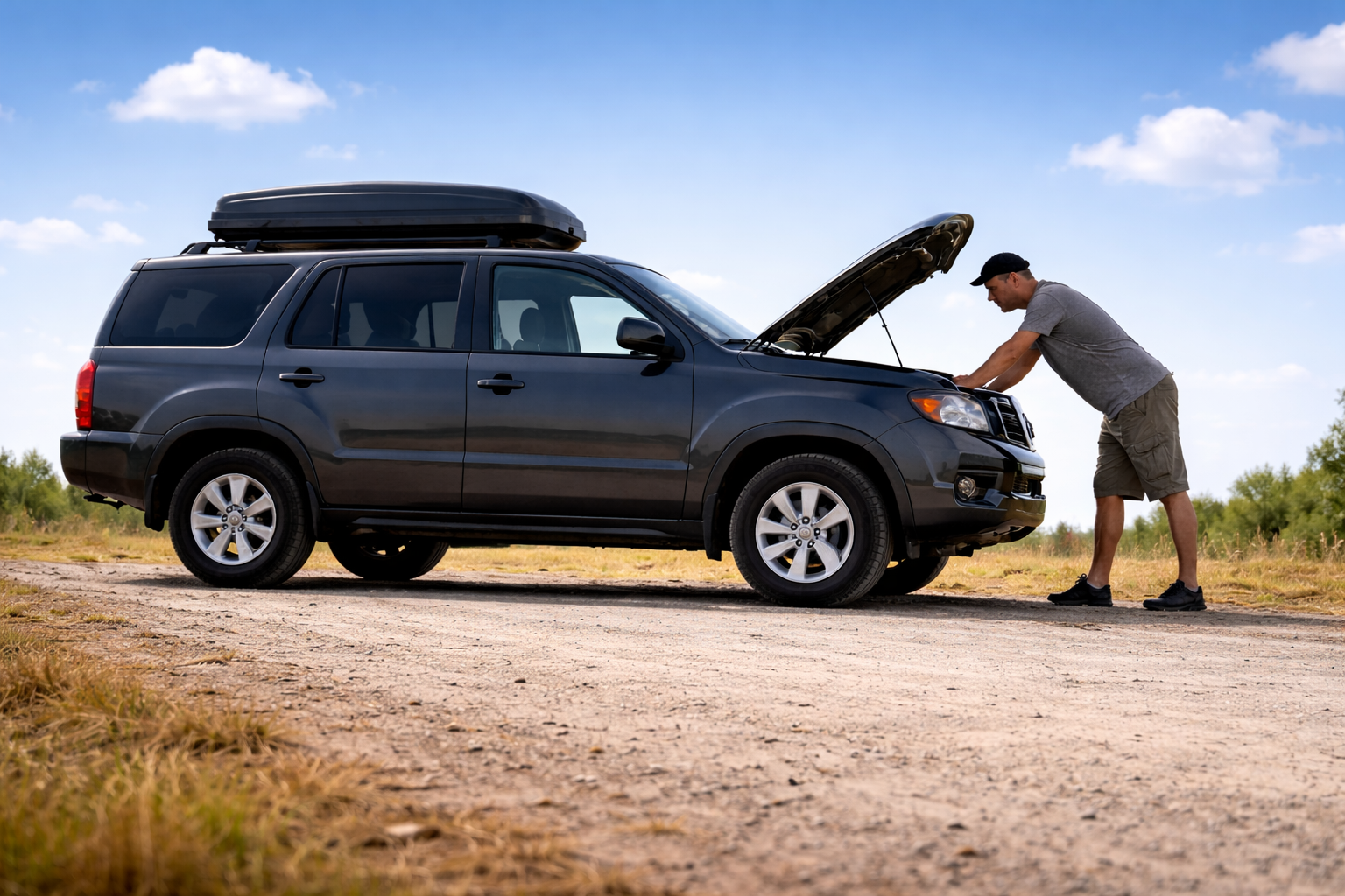 A man in gray shirt and shorts checking under the open hood of a black SUV parked on a dirt road in a rural area on a sunny day.