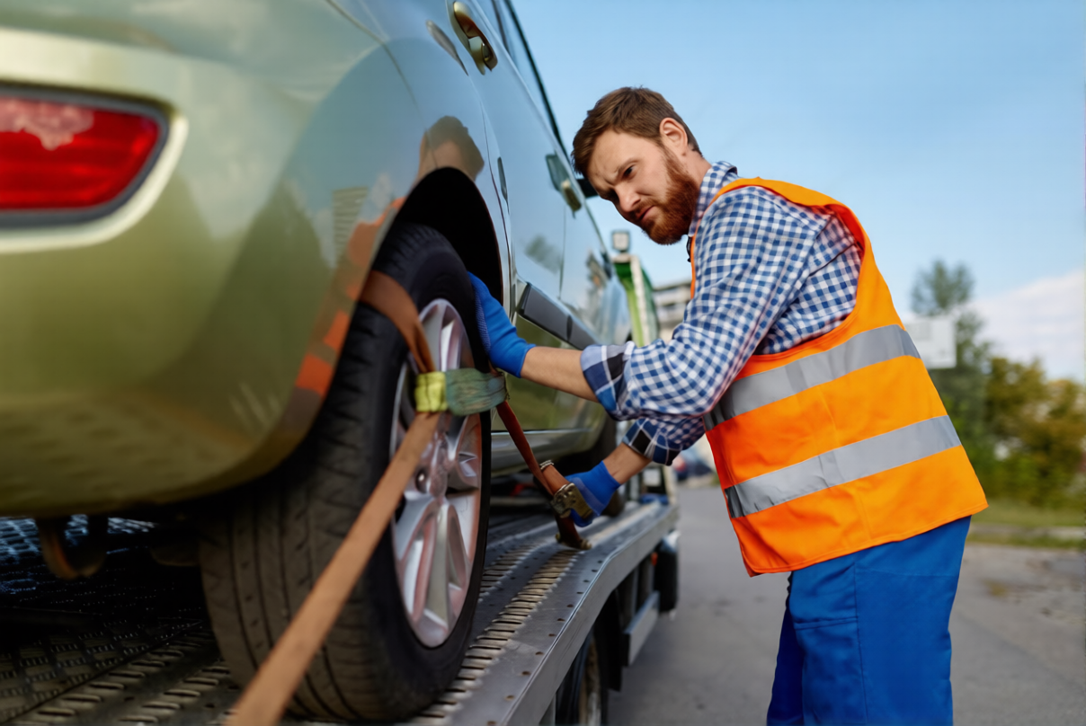 A man in an orange safety vest and blue gloves secures a green car with a strap on a flatbed tow truck.