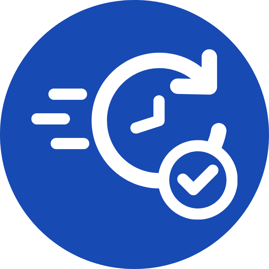 Icon of a clock with motion lines and a check mark, indicating fast or on-time service.