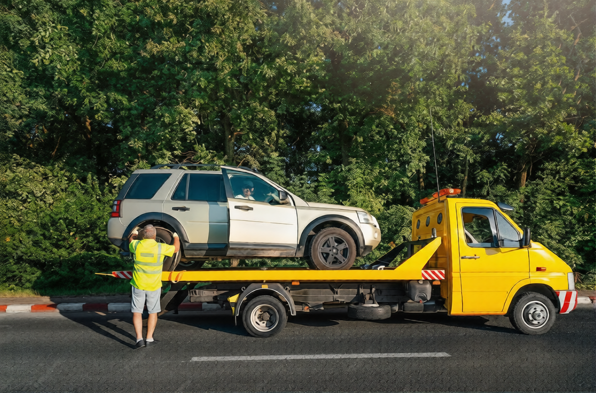 A man in a yellow safety vest standing next to a yellow tow truck, which is carrying a silver SUV, parked on the side of a road with trees in the background.