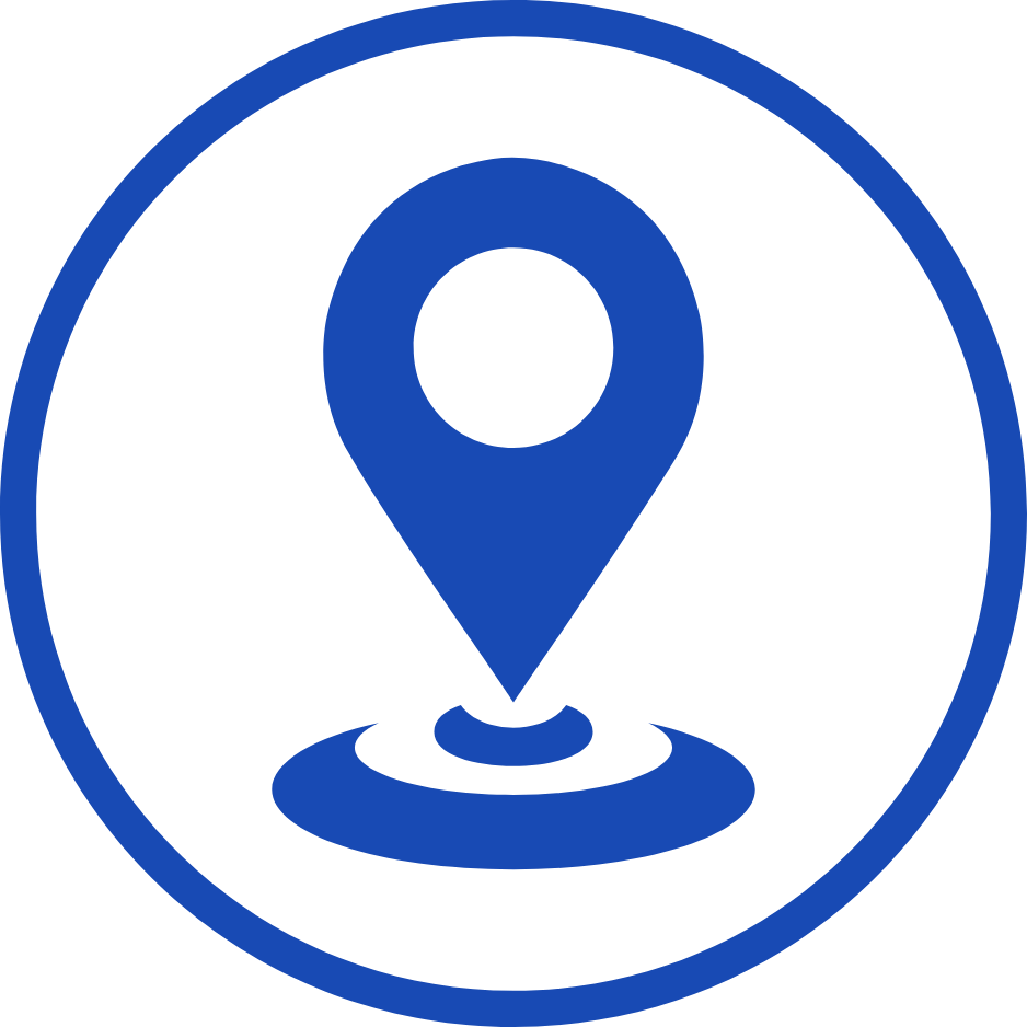 Blue location pin icon inside a circle with a water ripple effect at the bottom.