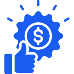 Icon of a thumbs-up hand next to a gear with a dollar sign, symbolizing financial success or business approval.