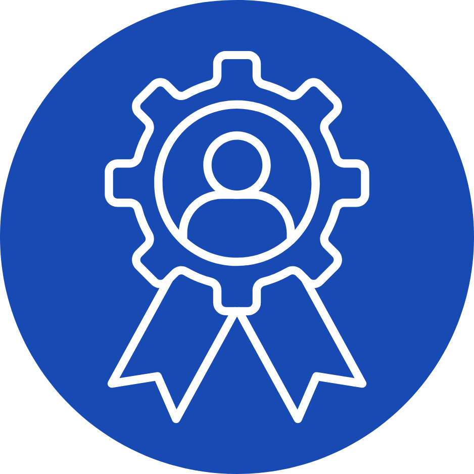 Icon of a person inside a gear with a ribbon below, representing certification or achievement.
