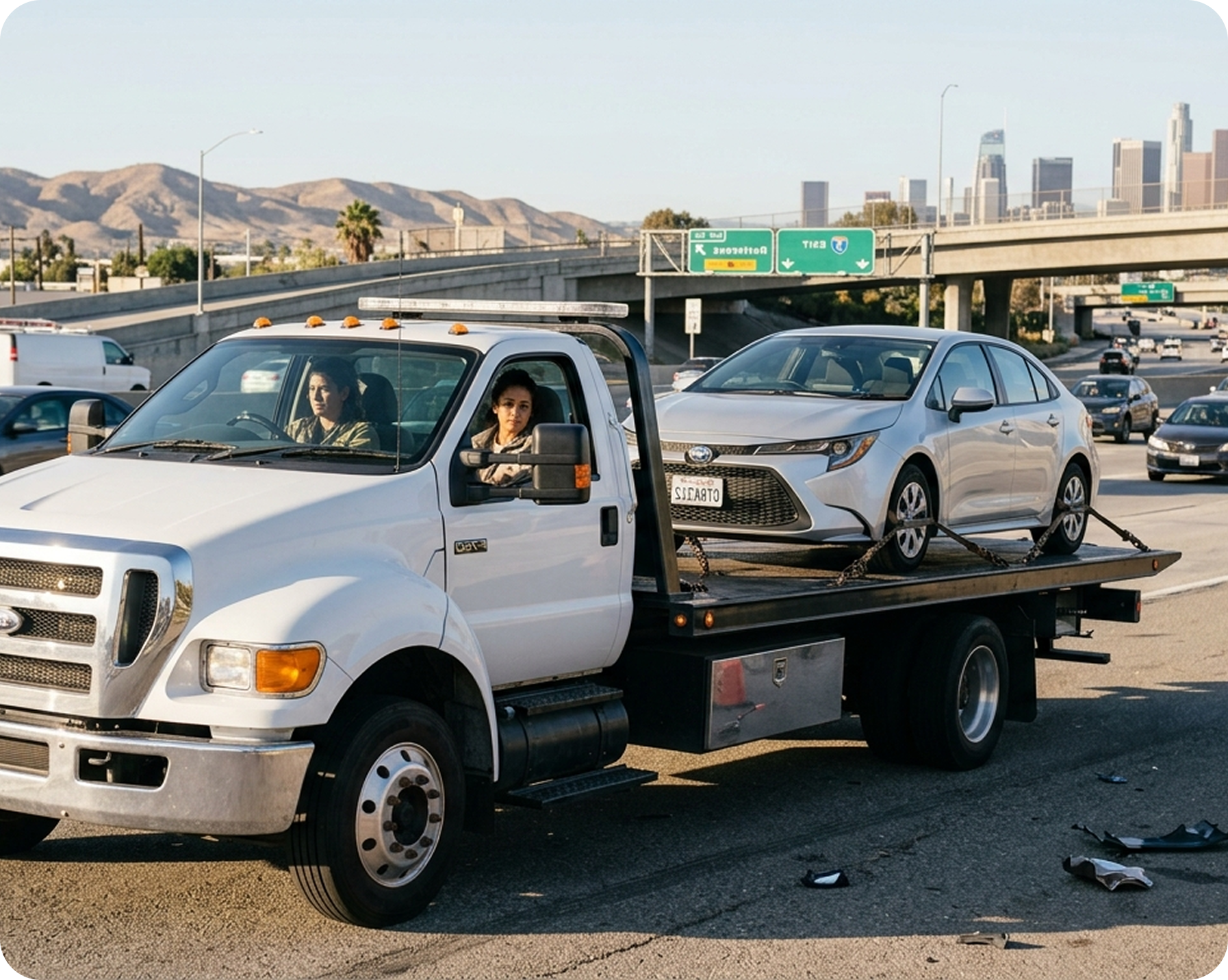 A white tow truck carrying a silver sedan on a highway with city skyline and mountains in the background