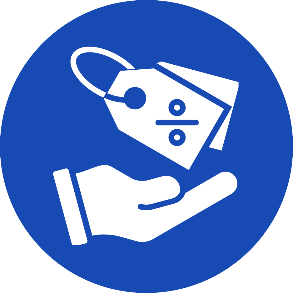 A blue circular icon showing a hand holding a price tag with a percentage symbol, indicating sales or discounts.