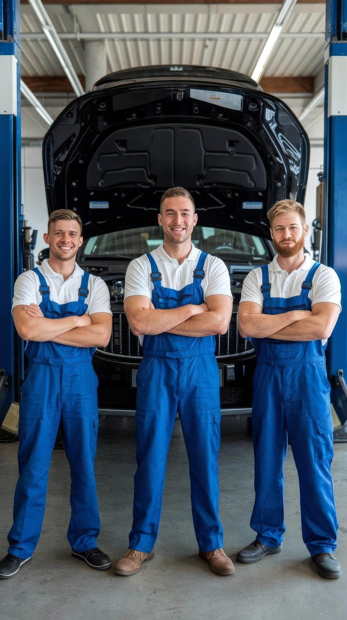 Three auto mechanics standing in front of an open hood of a car inside a garage, smiling and crossing their arms, wearing blue coveralls and white shirts.