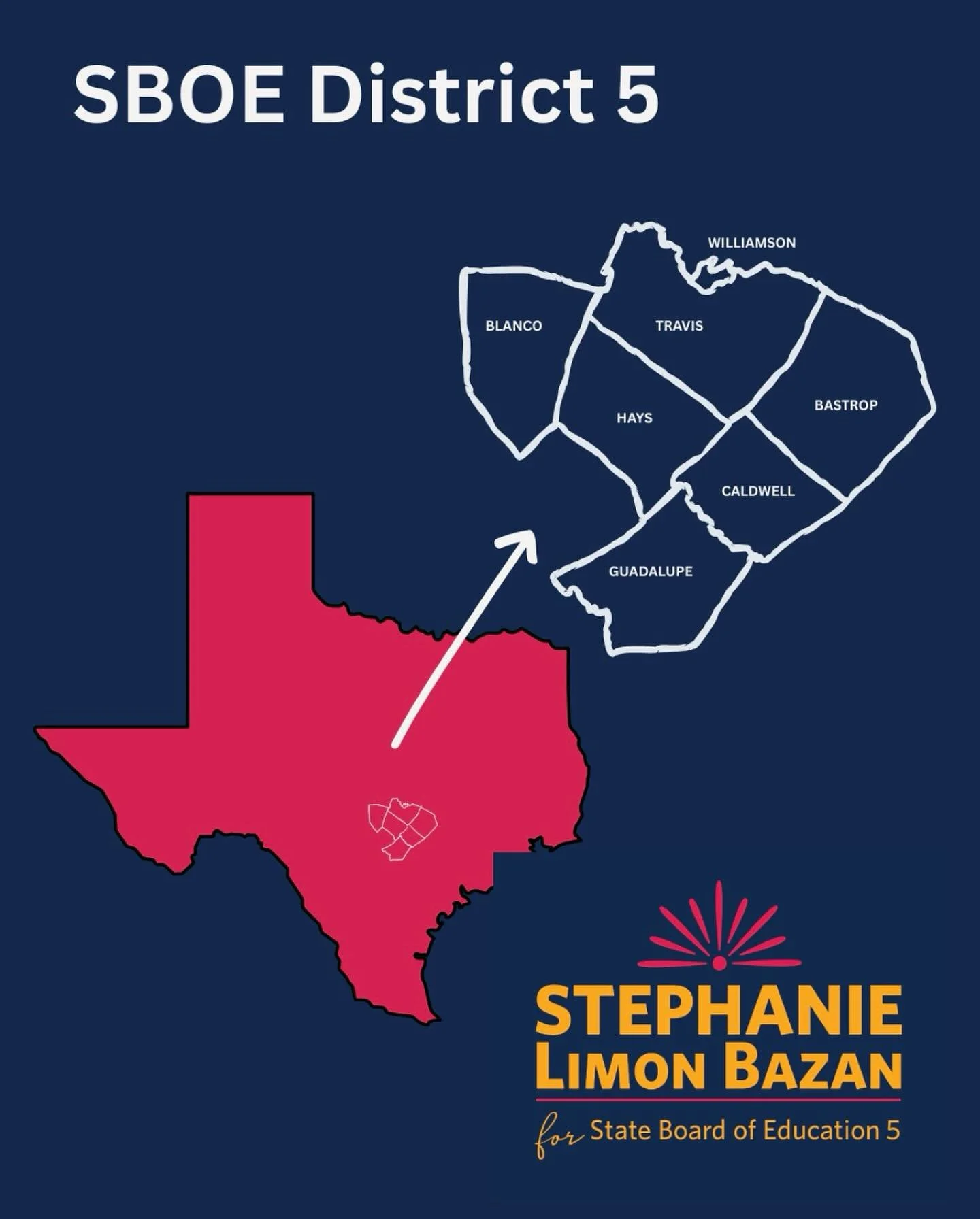 ✨ Will y&rsquo;all help me let people know about our campaign? ✨
Your share helps us reach voters across our district 💙

I&rsquo;m running for Texas State Board of Education District 5, which includes:
📍 Travis
📍 Blanco
📍 Hays
📍 Bastrop
📍 Caldw