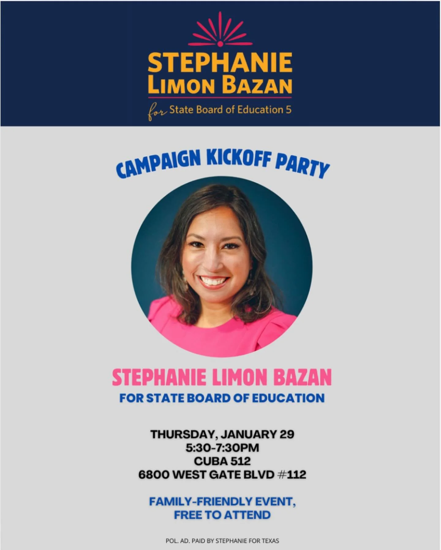 🎉 You&rsquo;re Invited! 🎉
Join us as we launch our campaign for Texas State Board of Education

📅 Thurs. Jan 29th, 5:30&ndash;7:30 PM
📍 Cuba 512

Come show your support, grab a yard sign, and enjoy great company as we kick things off together 💙

