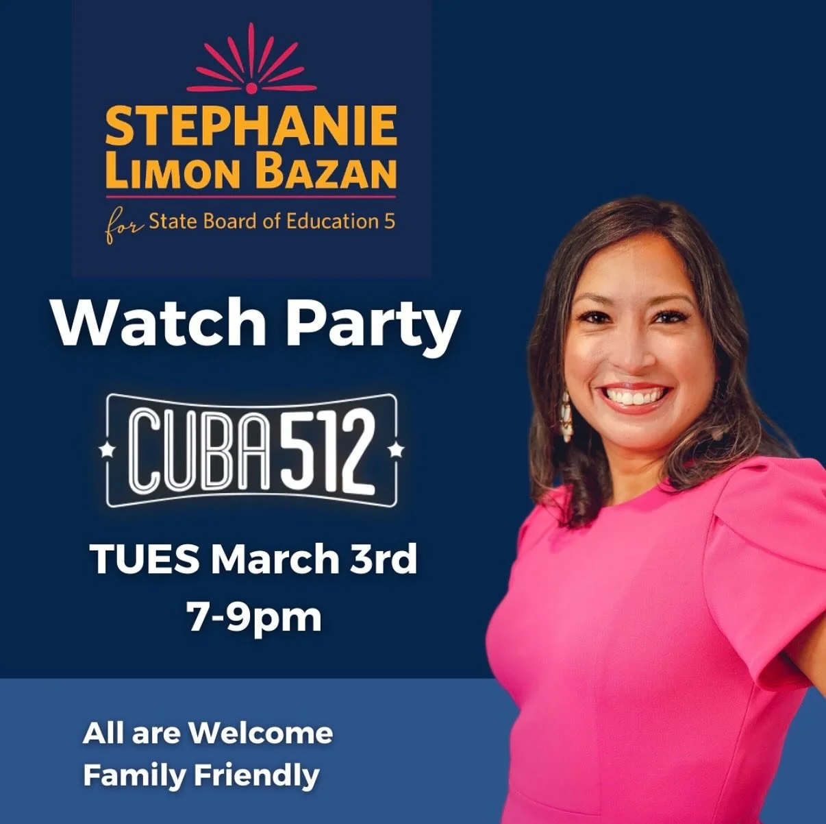Please join us to watch the election night results Tuesday night. 

Stephanie for Texas Watch Party
March 3, 7-9pm
CUBA512
6800 West Gate Blvd #112, Austin, TX 

Family friendly and all are welcome.
