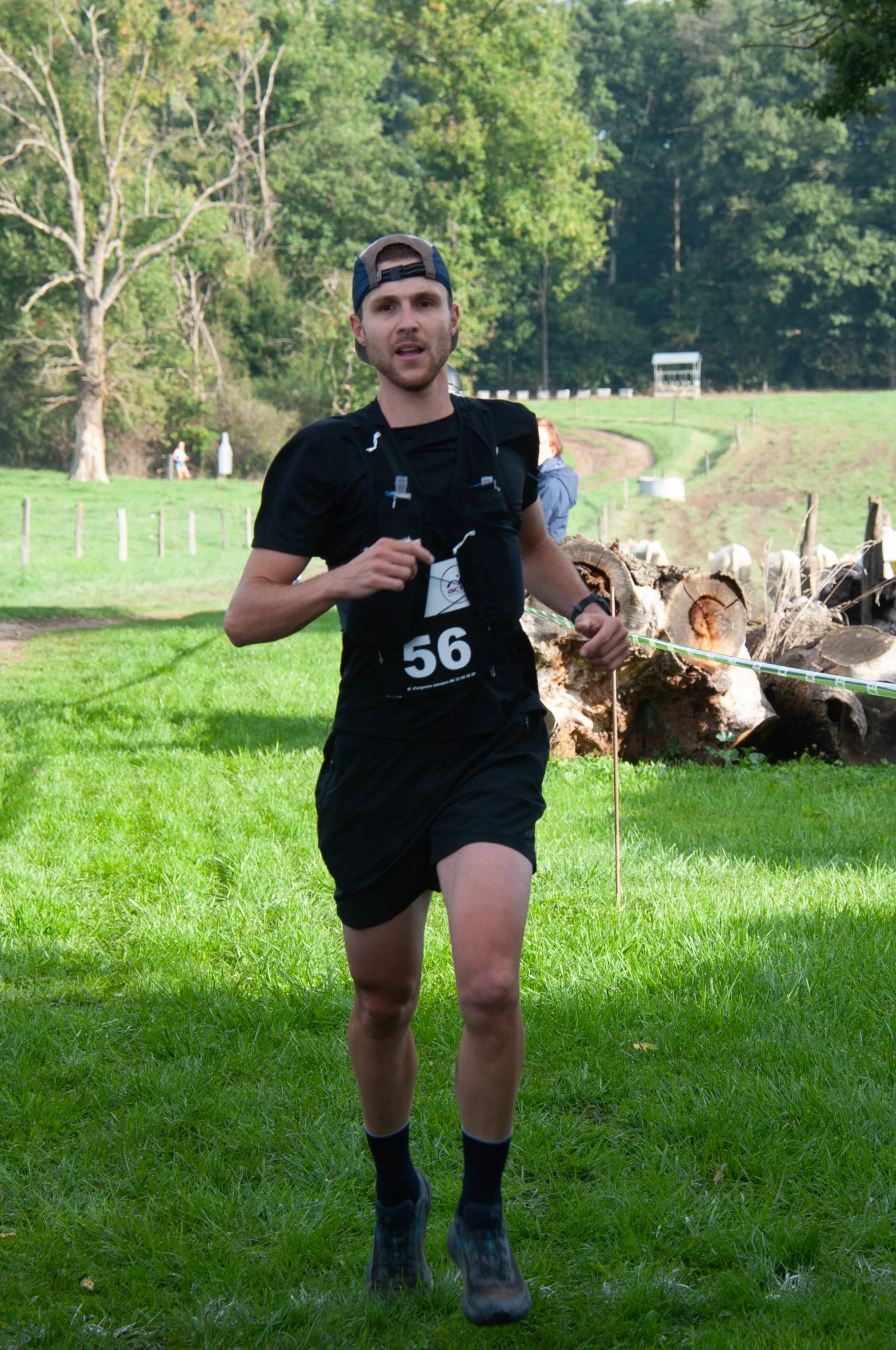 Un homme en trail running portant un numéro 56, courant dans un champ vert avec des arbres en arrière-plan.