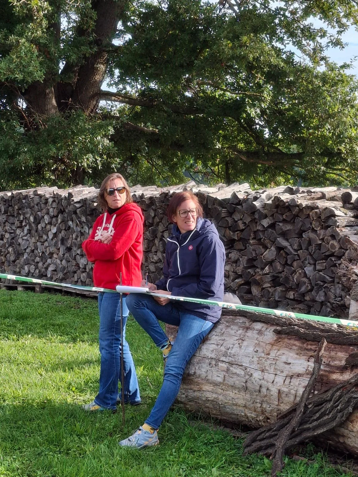 Deux femmes assises et debout à côté d'une grande bille de bois et d'une pile de bois empilés derrière elles, dans un environnement extérieur avec un grand arbre en arrière-plan.