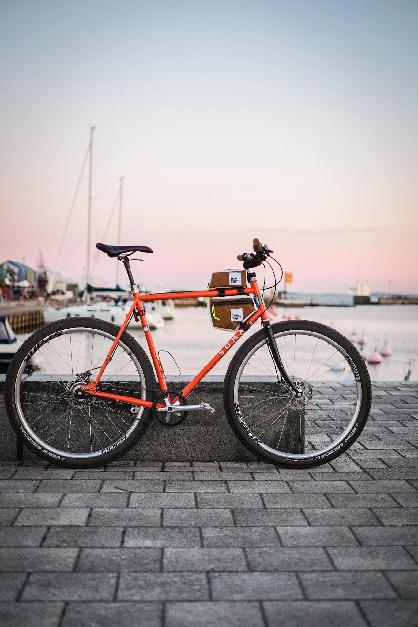Red bicycle parked on a dock overlooking a marina with boats during sunset.