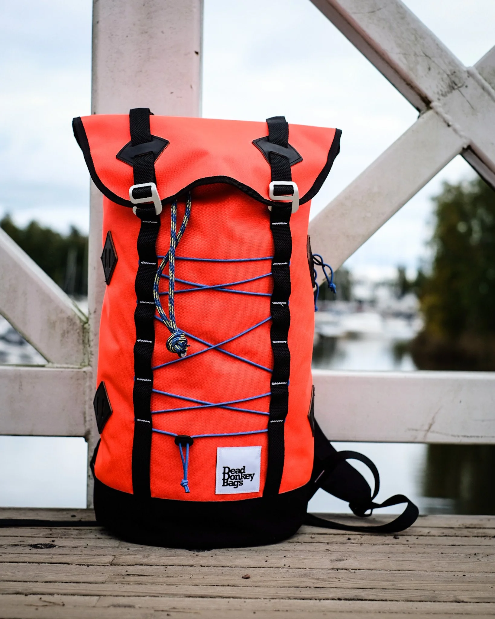 Orange Dry Donkey Bags backpack with black straps and blue bungee cords, sitting on a wooden deck near water with boats and trees in the background.