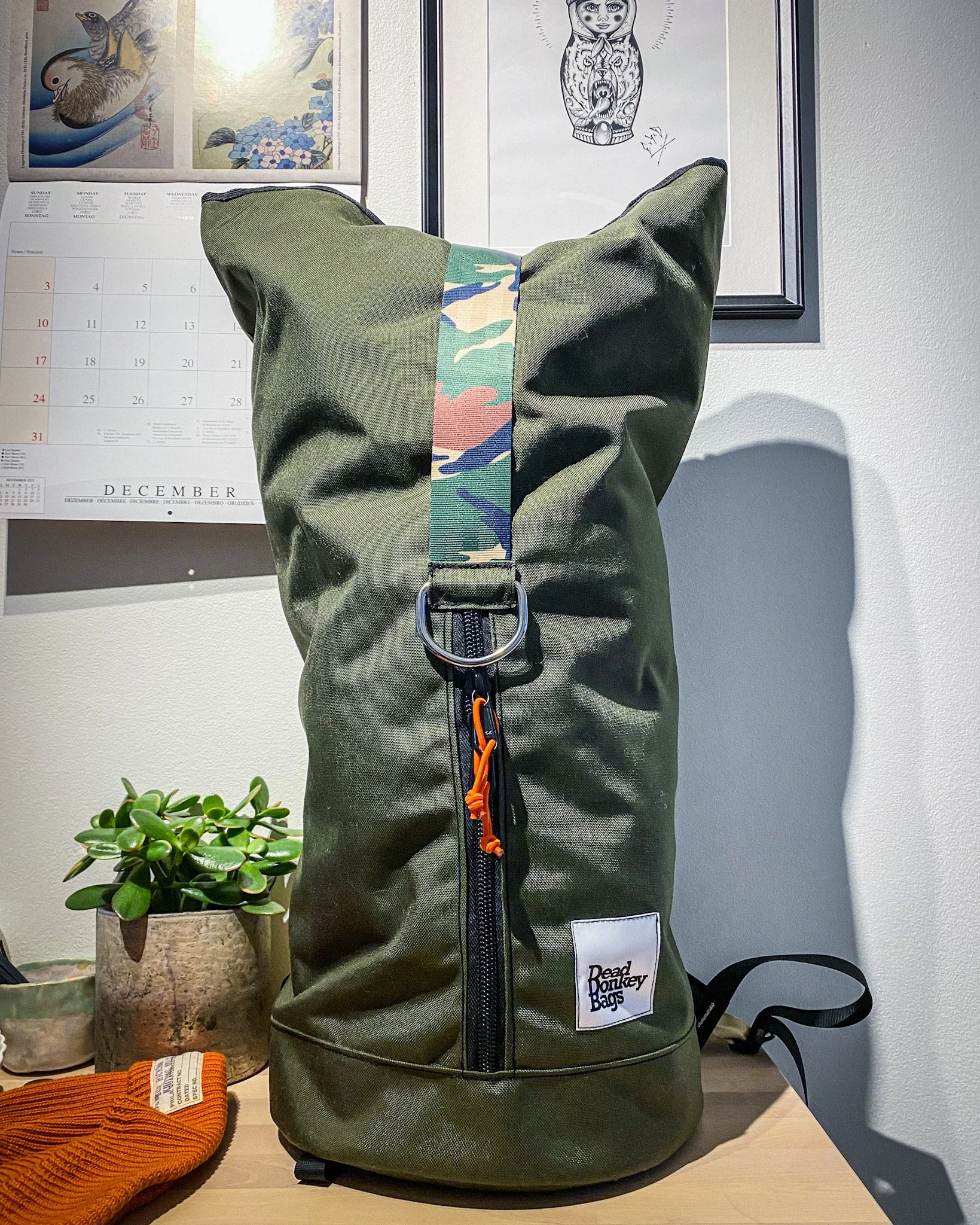 A green Dry Donkey Bags backpack with a colorful camouflage strap on a wooden surface in front of a white wall, with framed artwork and a calendar in the background, and a small plant with green leaves and a folded orange item nearby.