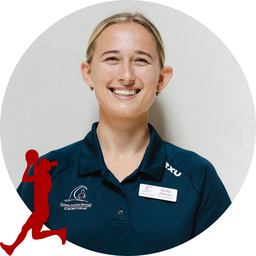 A woman with blonde hair, earrings, and a nose ring smiling for a photo. She is wearing a navy blue polo shirt with logos and a nametag that reads Keeley Johnson, a physiotherapist.