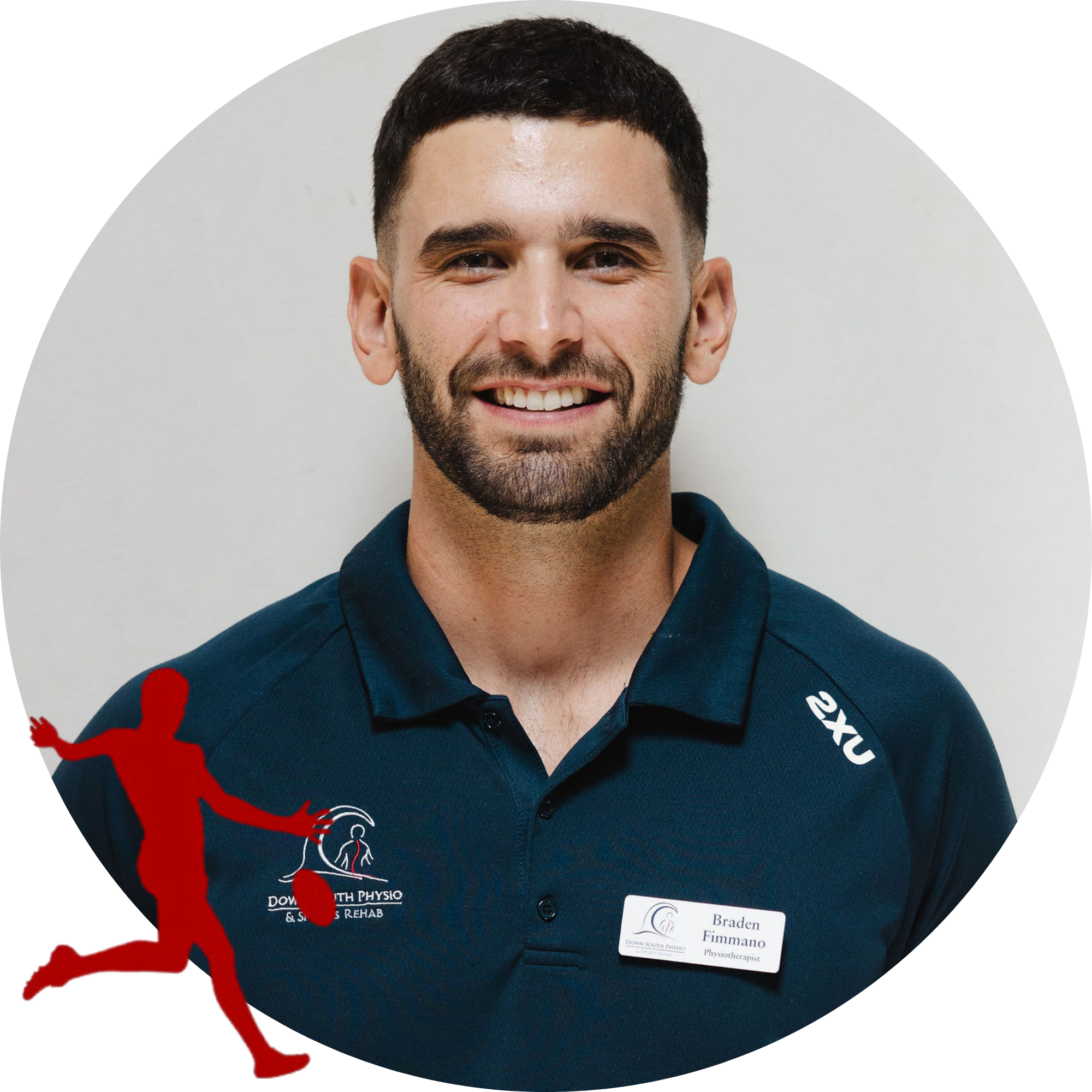 A smiling man with dark hair, beard, and a blue polo shirt with a name tag that reads 'Braden Fimmamno, Physiotherapist' standing against a plain white background.