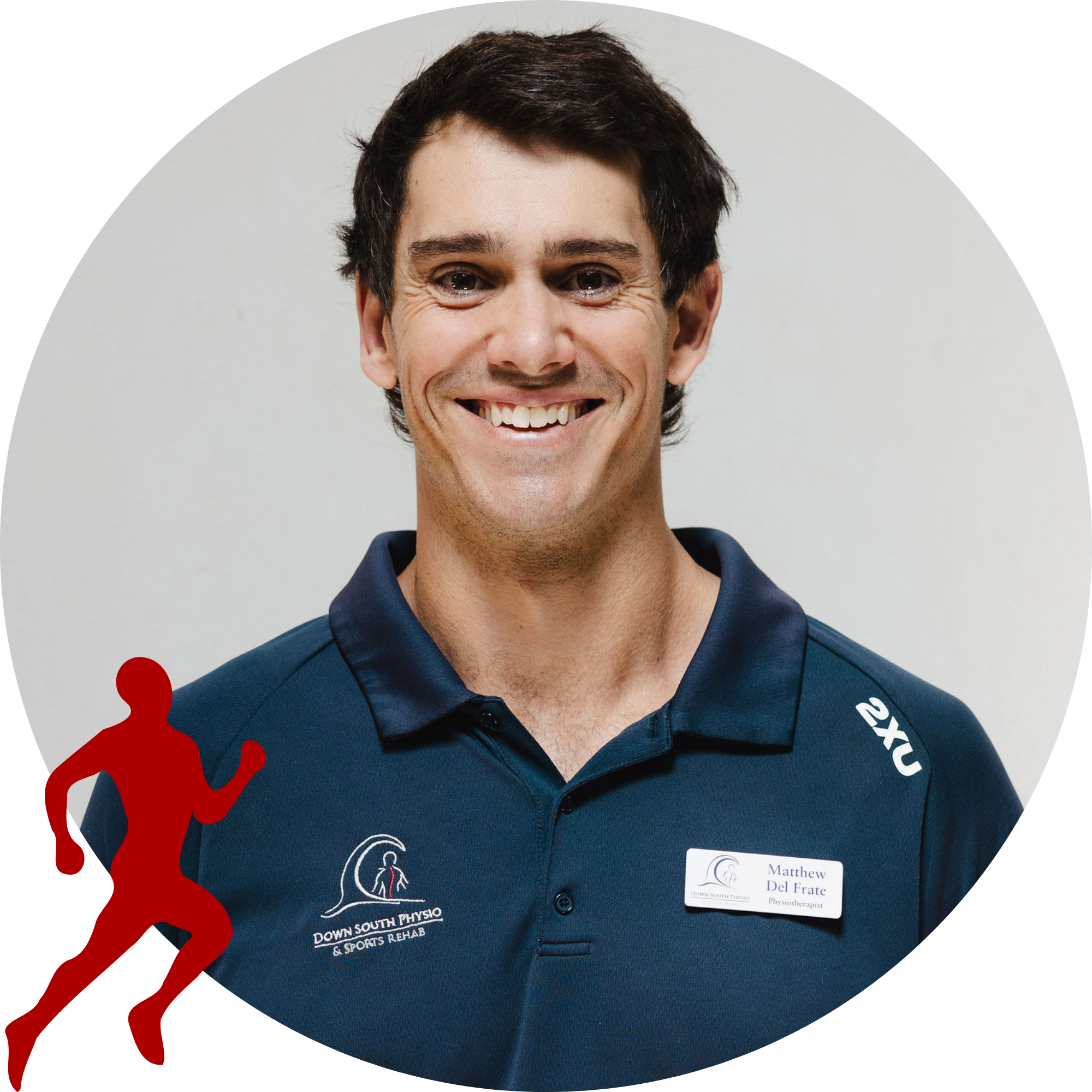 A man wearing a navy polo shirt with the logo 'Down South Physio & Sports Rehab' and a name tag that reads 'Matthew Del Frate, Physiotherapist.' He has dark hair and is smiling against a plain white background.