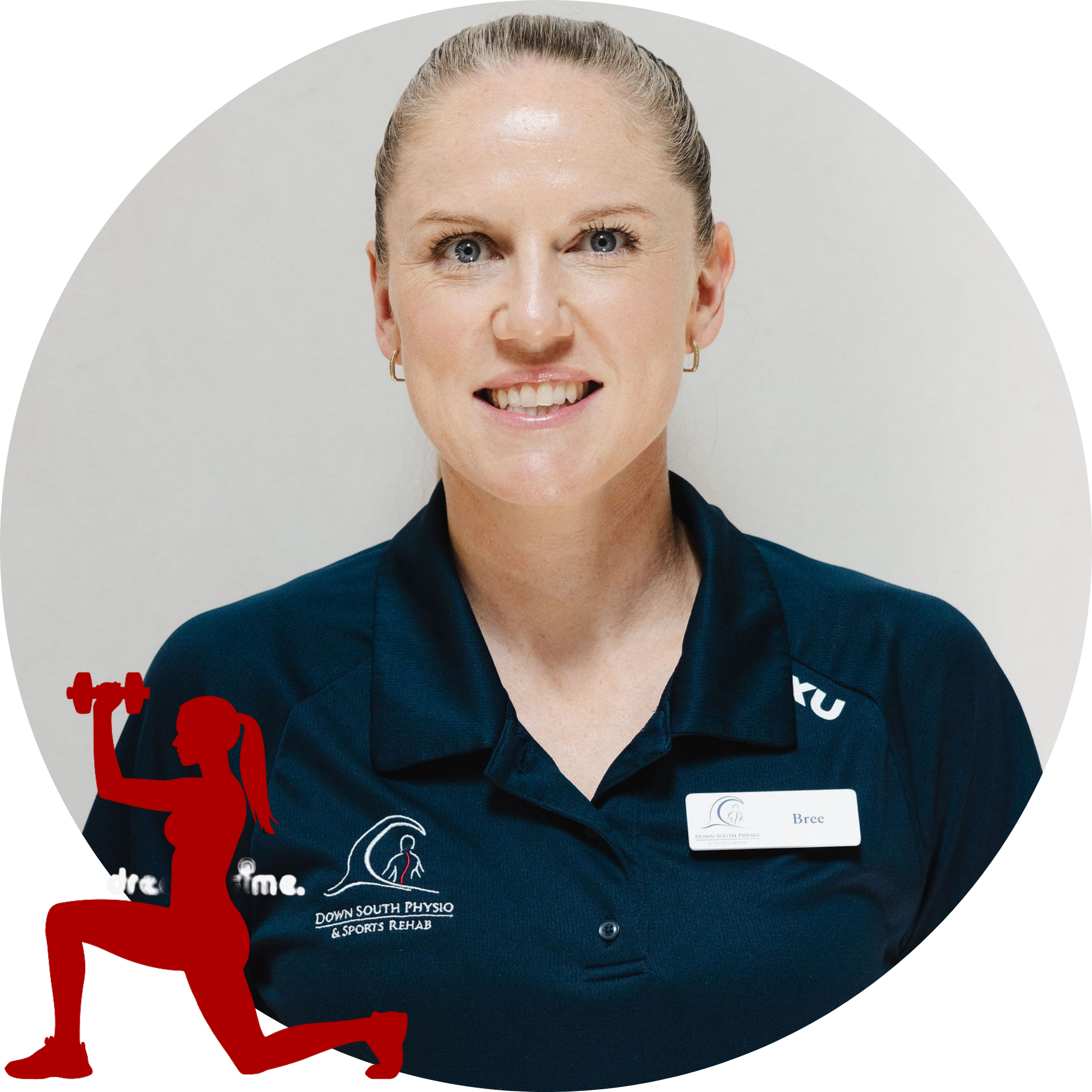 A woman with blonde hair tied back, wearing a dark blue polo shirt with a name tag that reads Bree, standing against a plain white background.