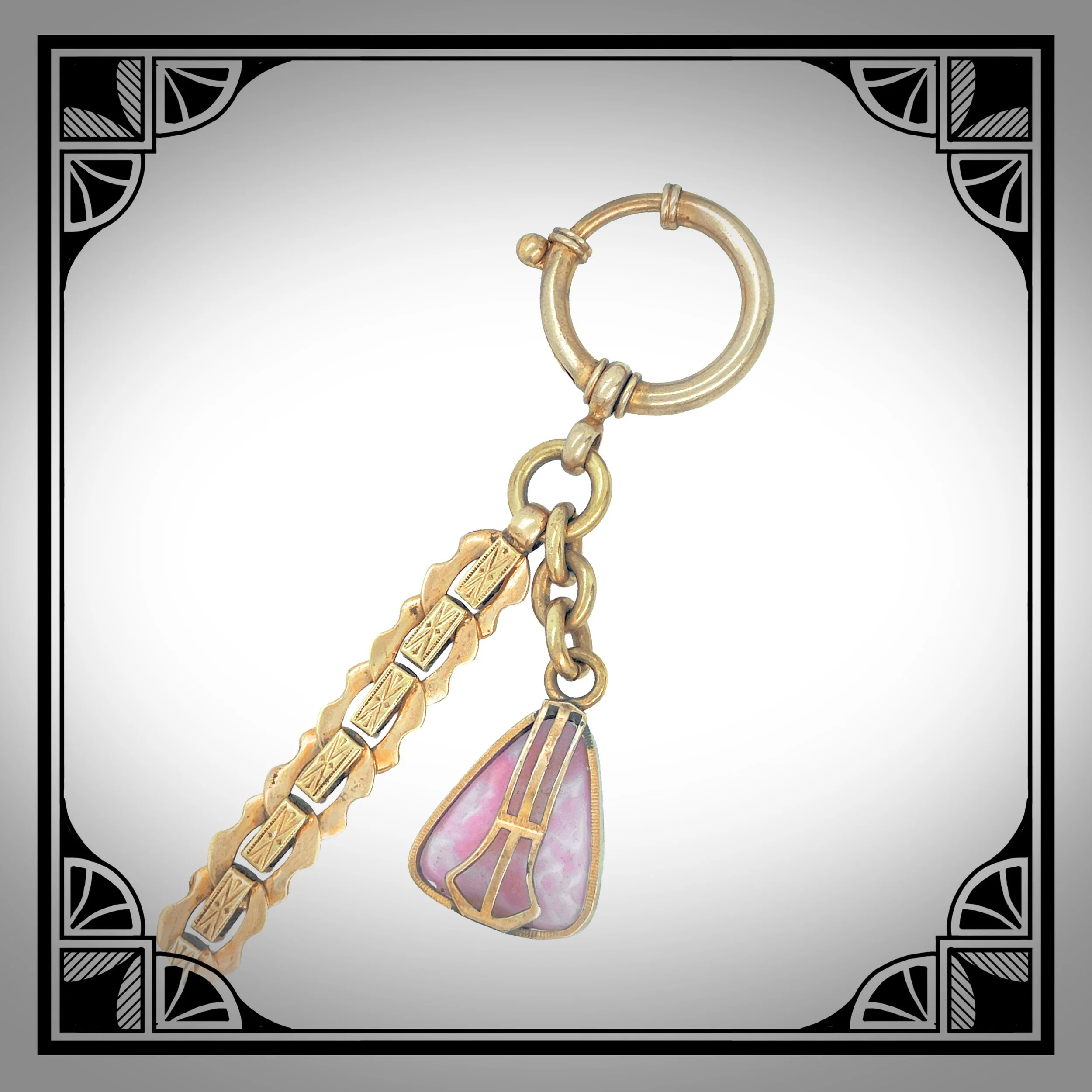 1900s German Gold-Plated Jugendstil Watch Chain with Pink Celluloid Pendant 4.jpg