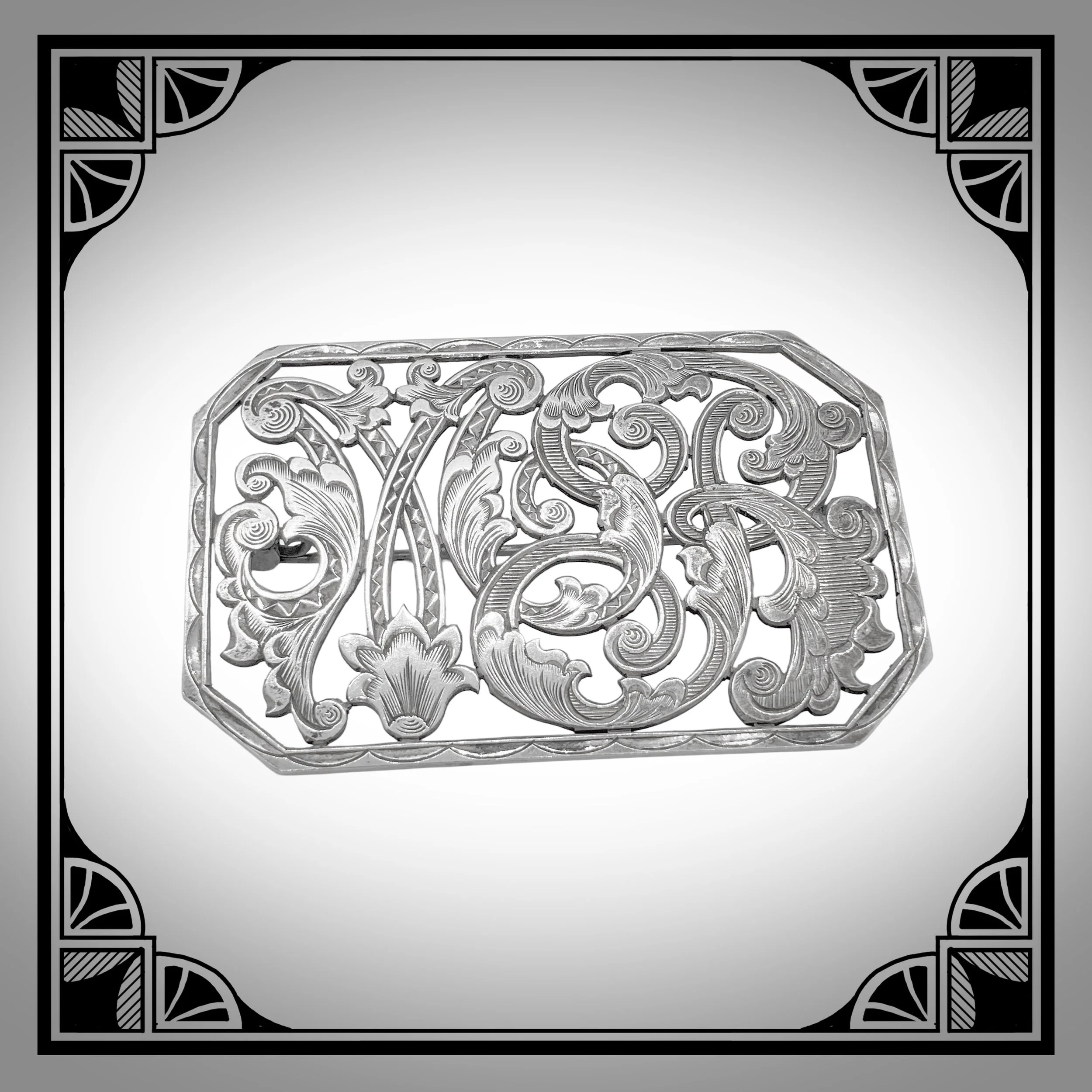 1920s Engraved Openwork Art-Deco initial brooch in White Metal