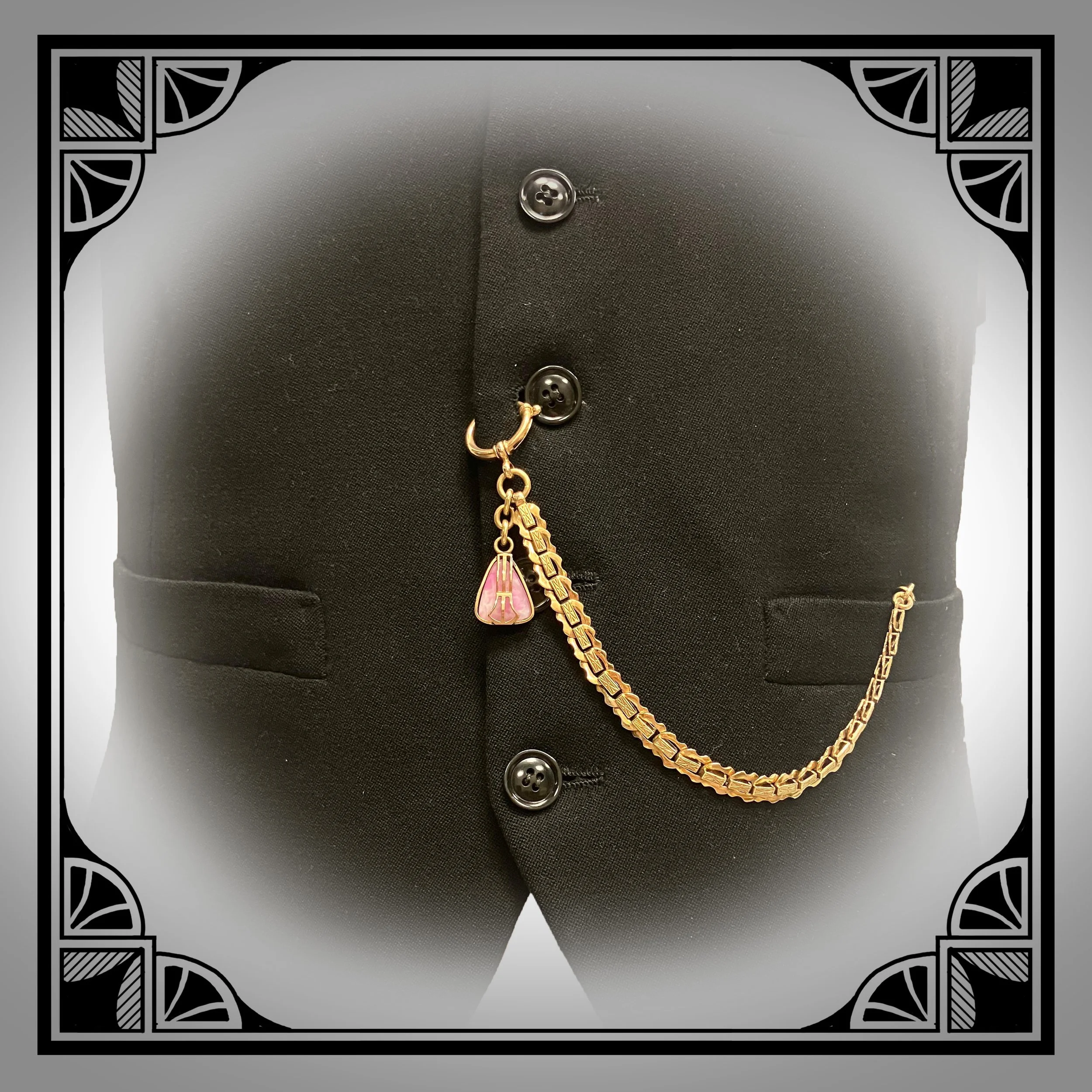 1900s German Gold-Plated Jugendstil Watch Chain with Pink Celluloid Pendant 9.jpg