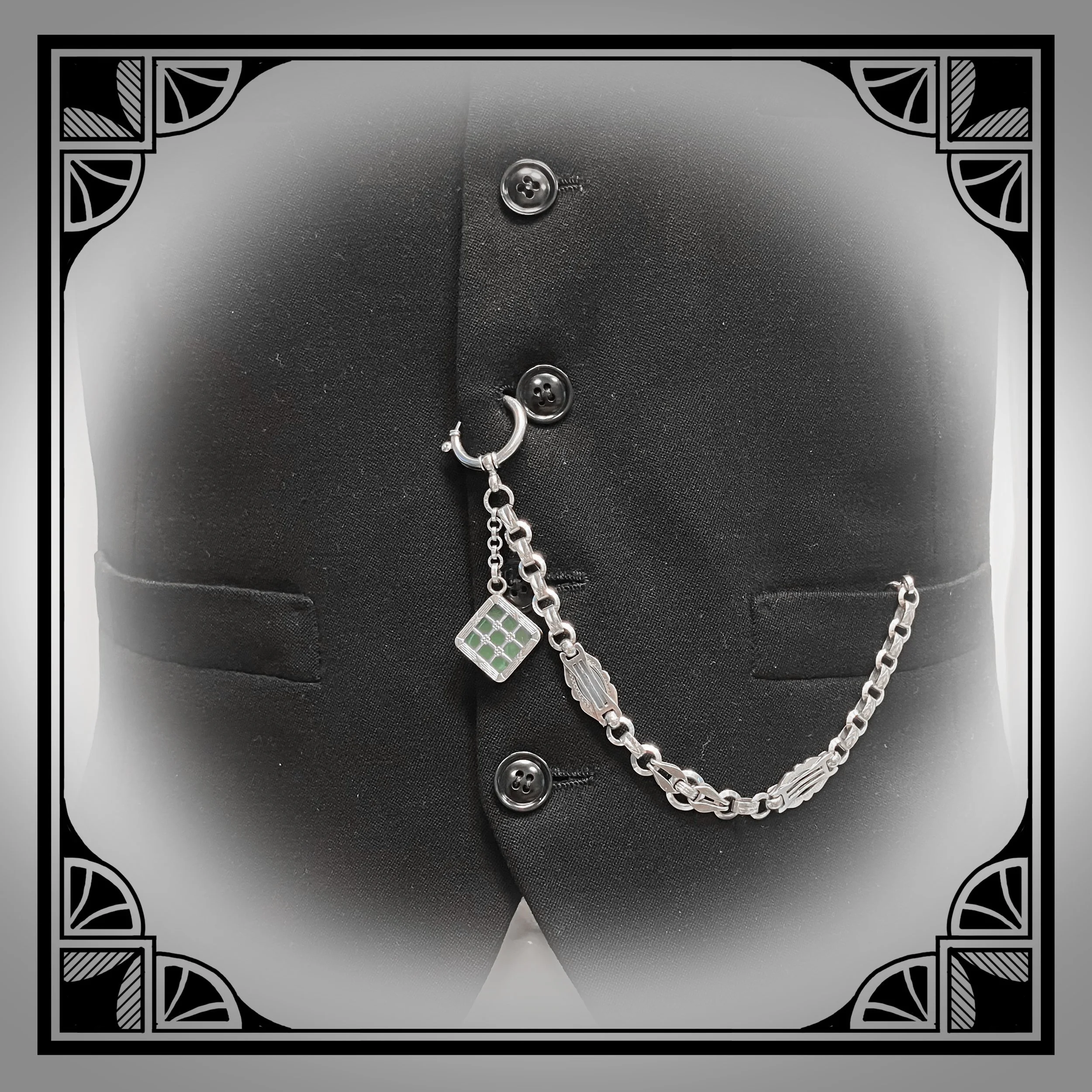 1930s German Chromium-Plated Art-Deco Watch Chain with Green-Glass Louis XVI Revival Fob 7.jpg