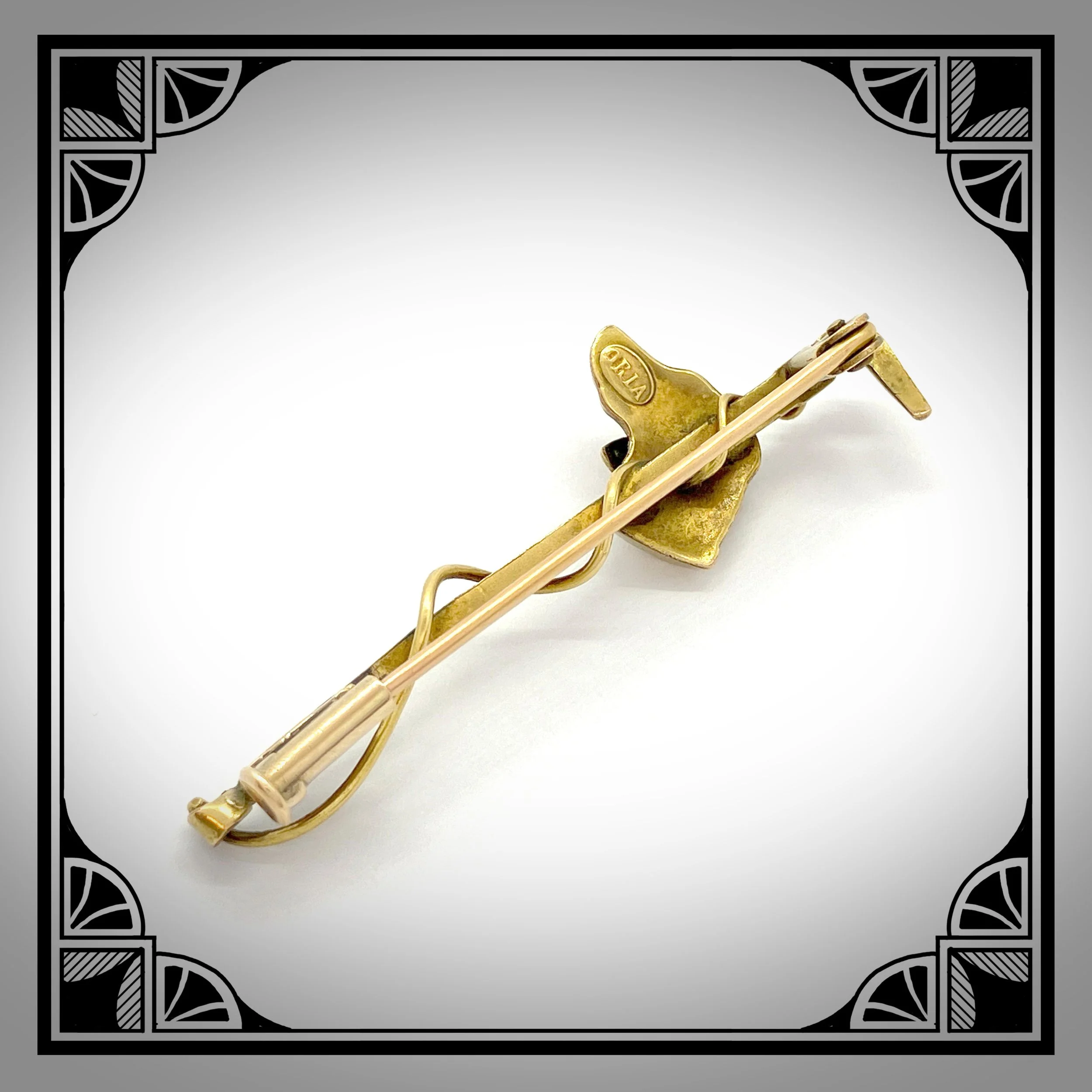 c1930 Gold-Plated Scarf pin with cane whip and dogs head made by Oria 2.jpg