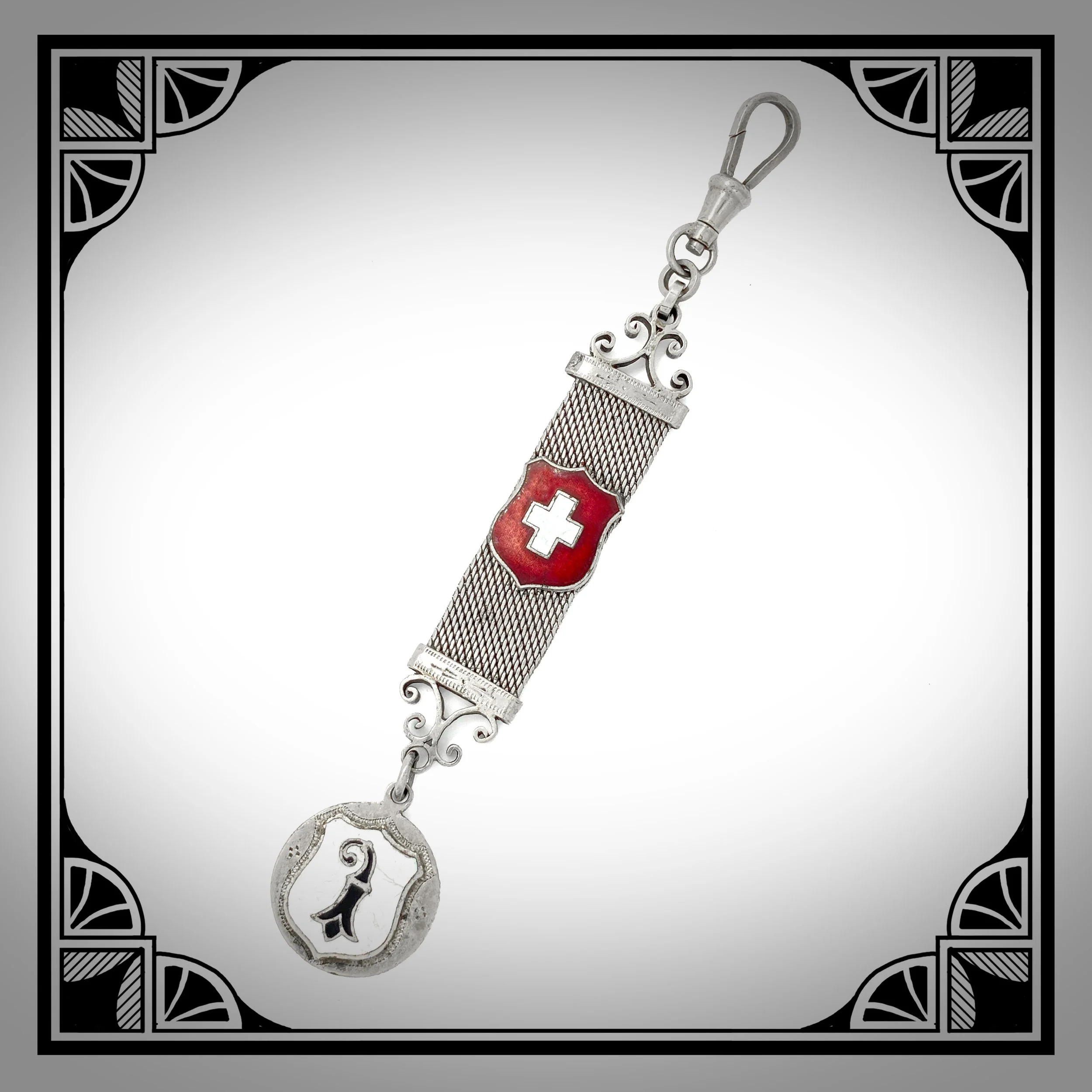 1880s Chatelaine Fob In Swiss national colours and Basel coat of arms made by Gottlieb & Wagner Germany