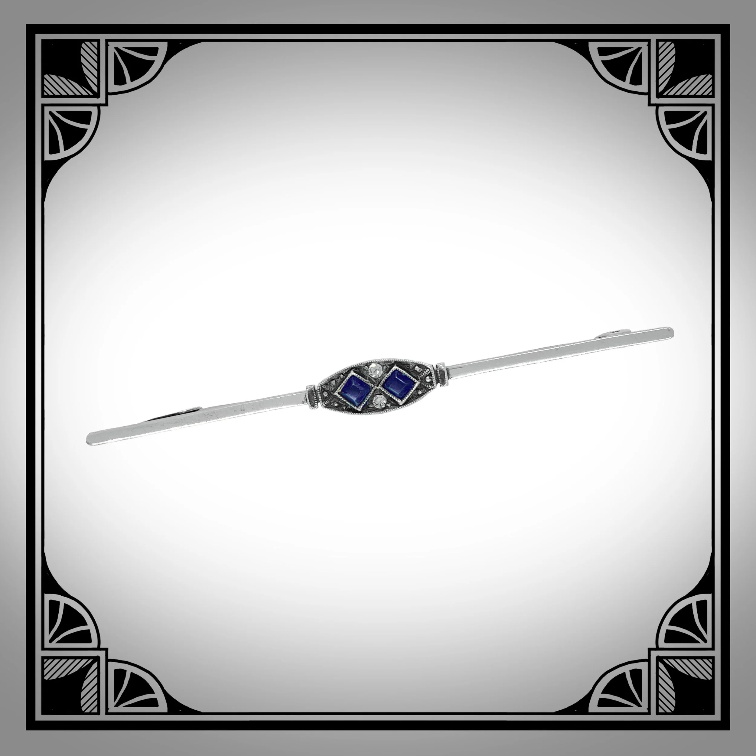 1920s Silver Art-Deco Bar Brooch set with Blue lozenges