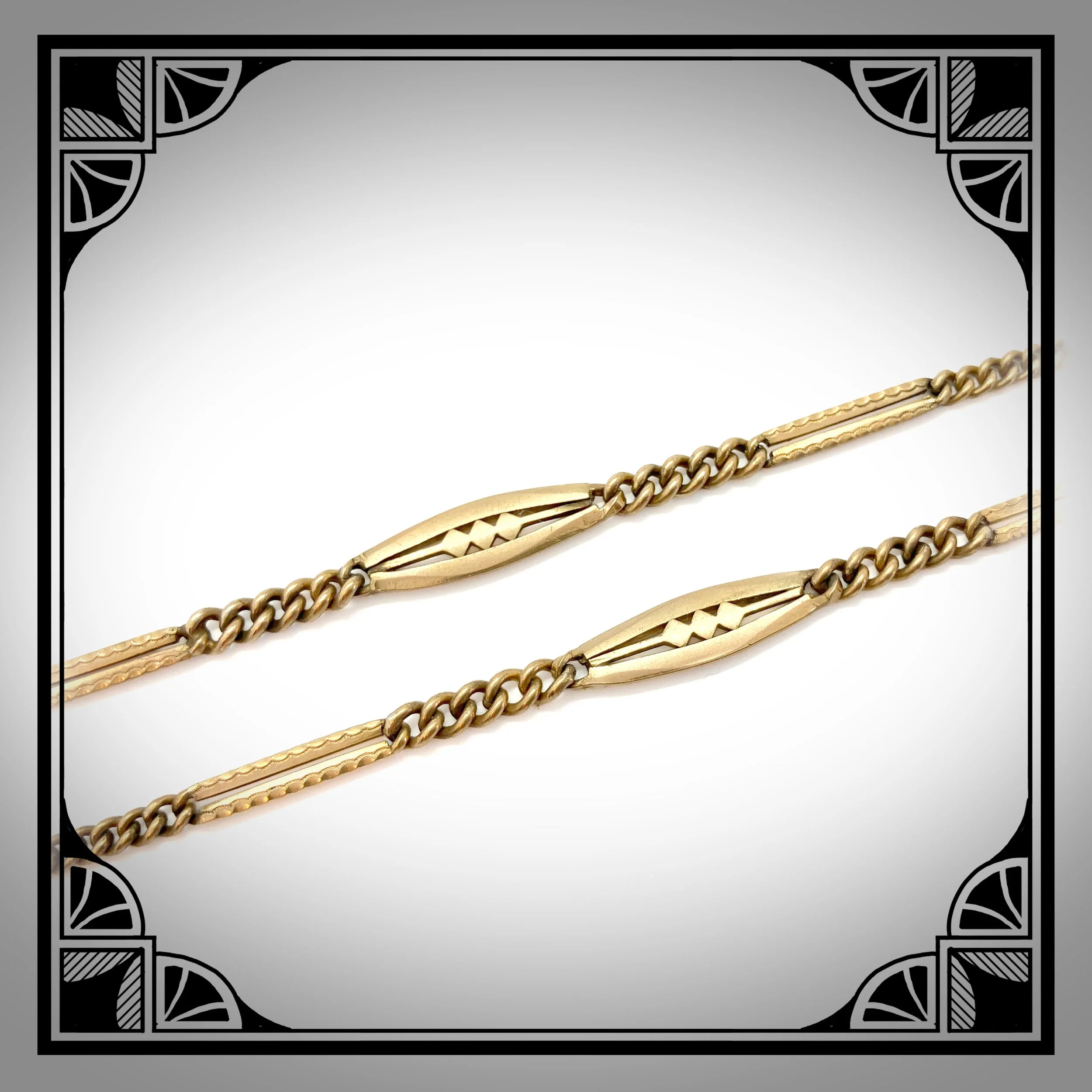 1920s German Gold colored Double watch chain with decorated Art-Deco fancy links 4.jpg