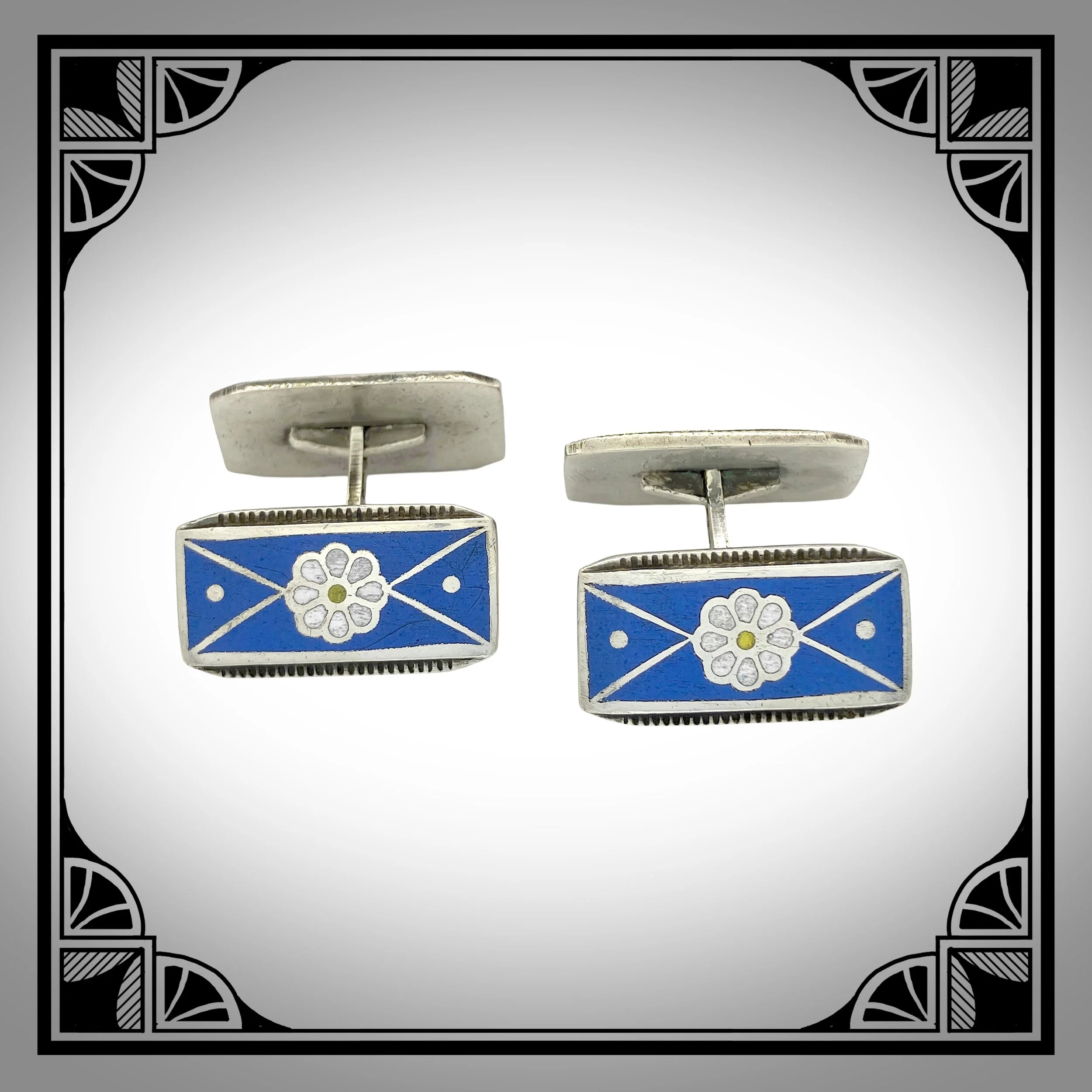 c1940 Norwegian silver Art-Deco cufflinks with Enamal Champlevé Facings and flower motifs 2.jpg