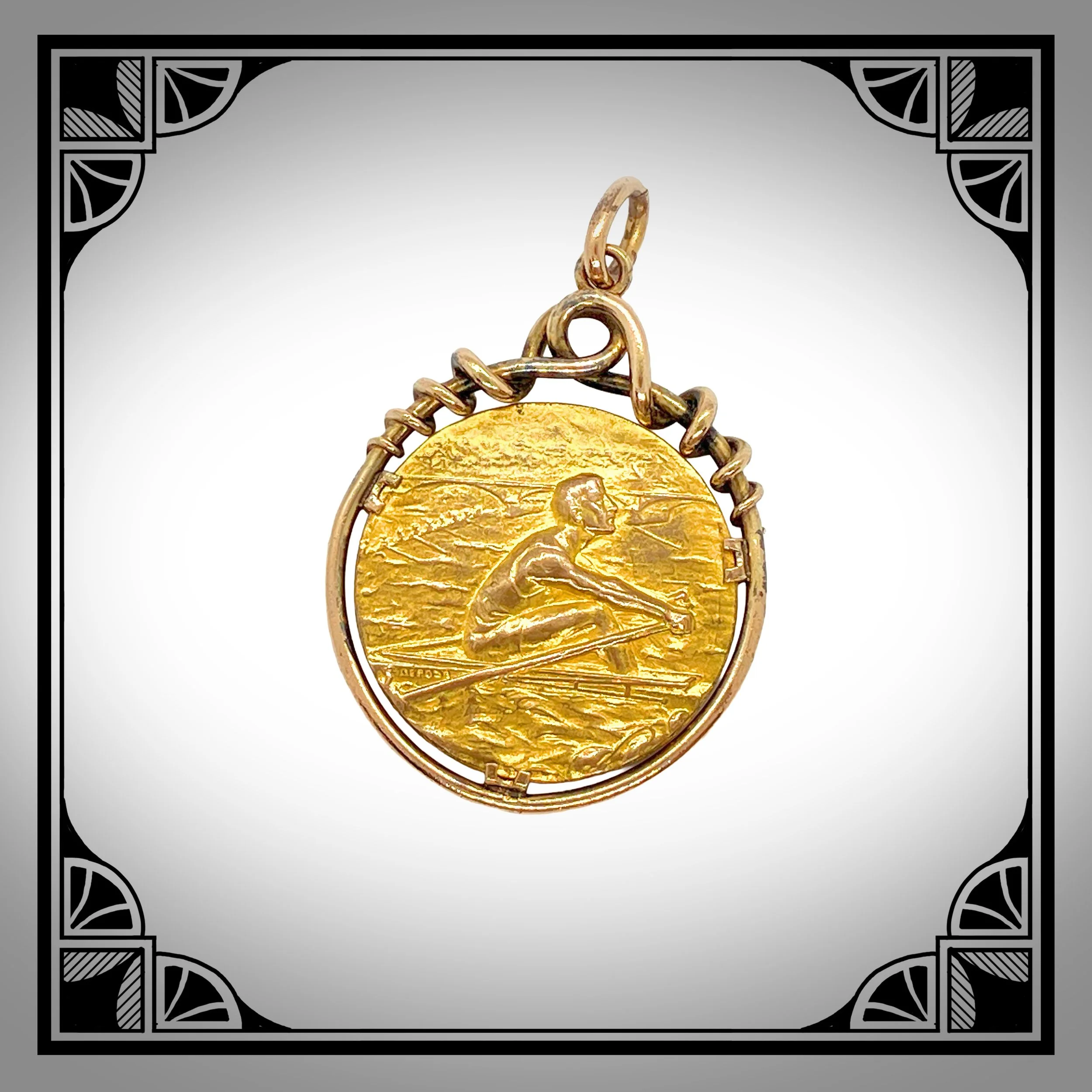 1900s French Gold-Plated Art-Nouveau Rowing Medallion pendant
